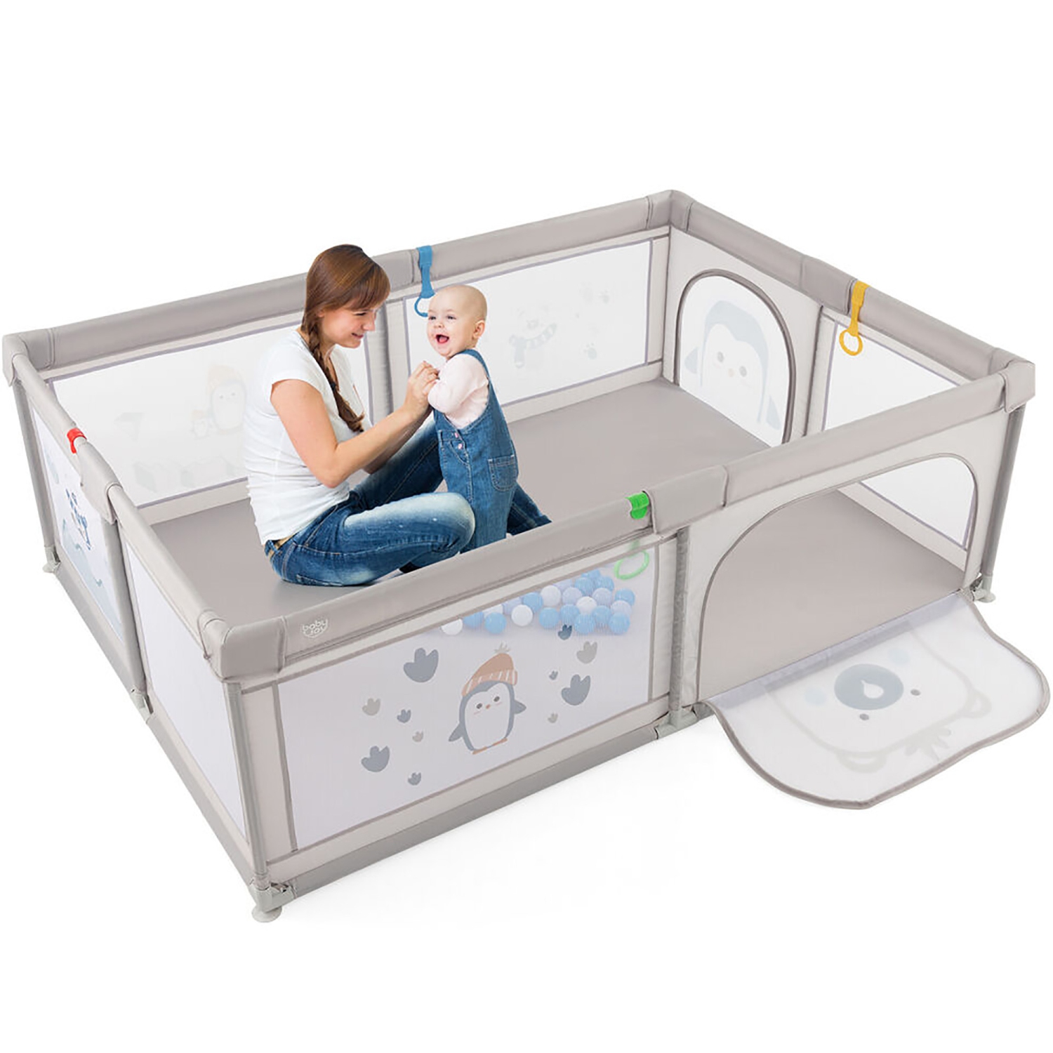 Gymax Large Baby Playpen Kids Play Yard Activity Center 81'' x 57.5'' Penguin Pattern Gray