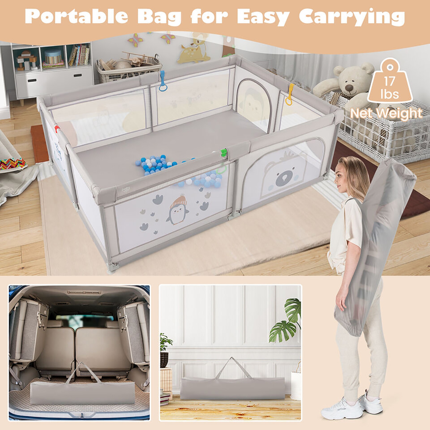 Gymax Large Baby Playpen Kids Play Yard Activity Center 81'' x 57.5'' Penguin Pattern Gray