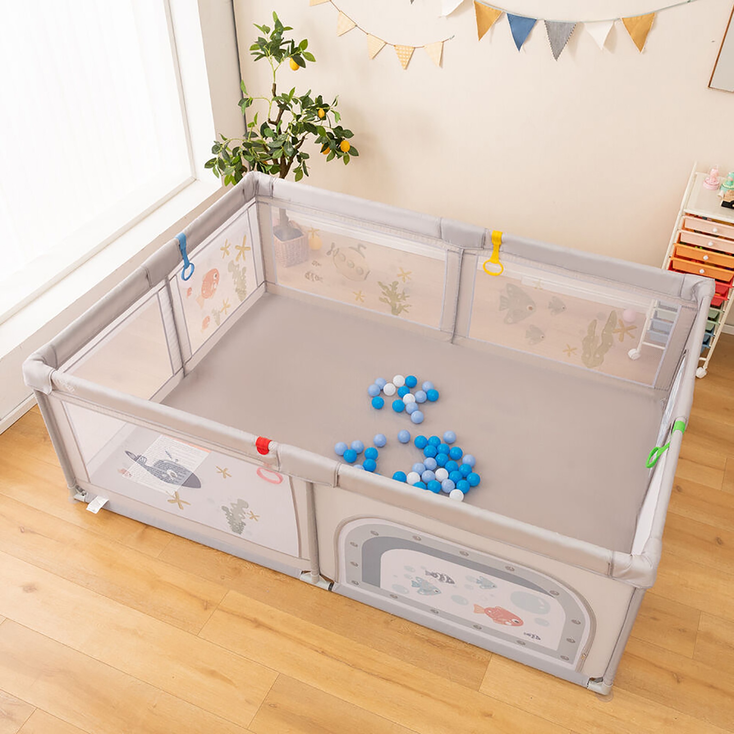Gymax Large Baby Playpen Kids Play Yard Activity Center 81'' x 57.5'' Whale Pattern