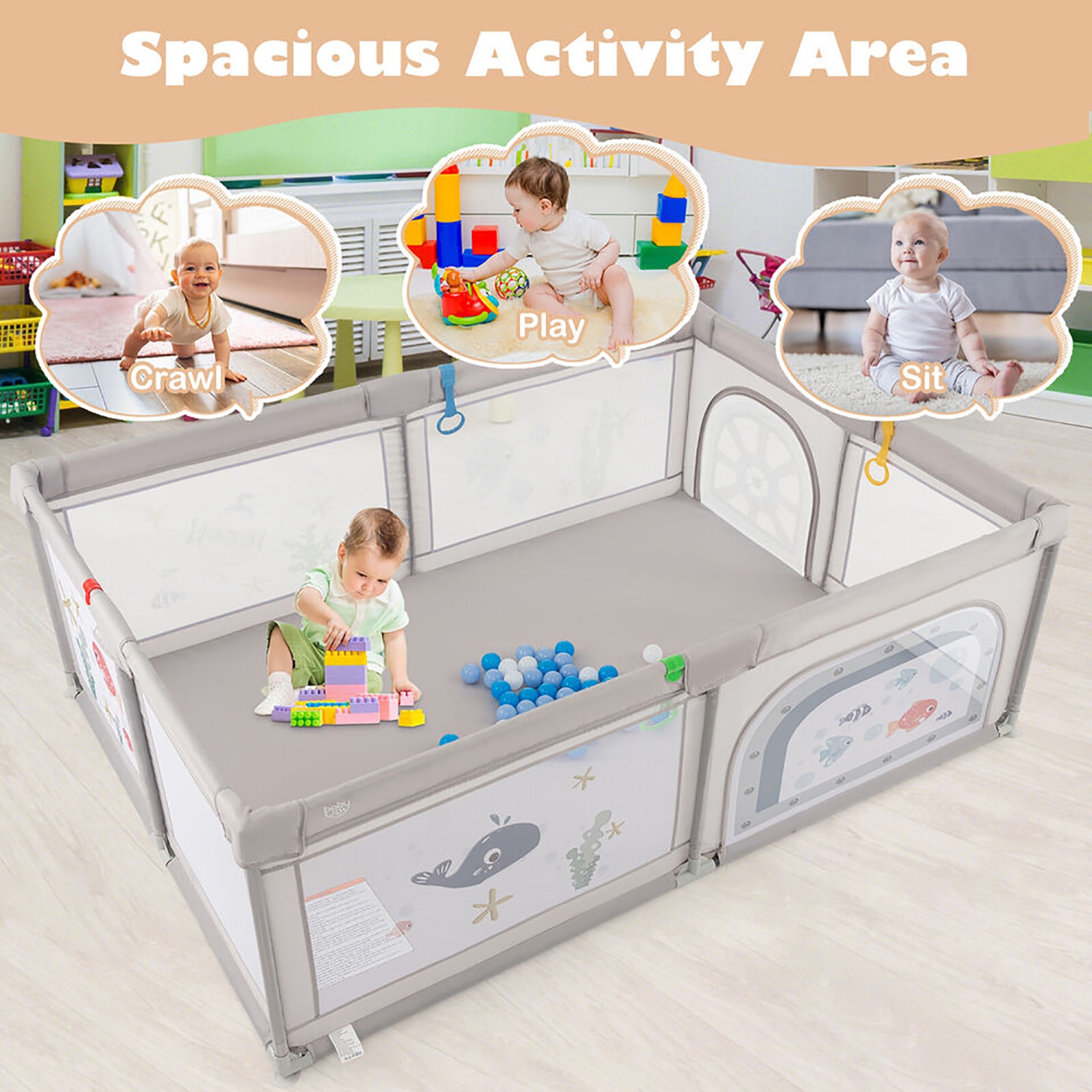Gymax Large Baby Playpen Kids Play Yard Activity Center 81'' x 57.5'' Whale Pattern
