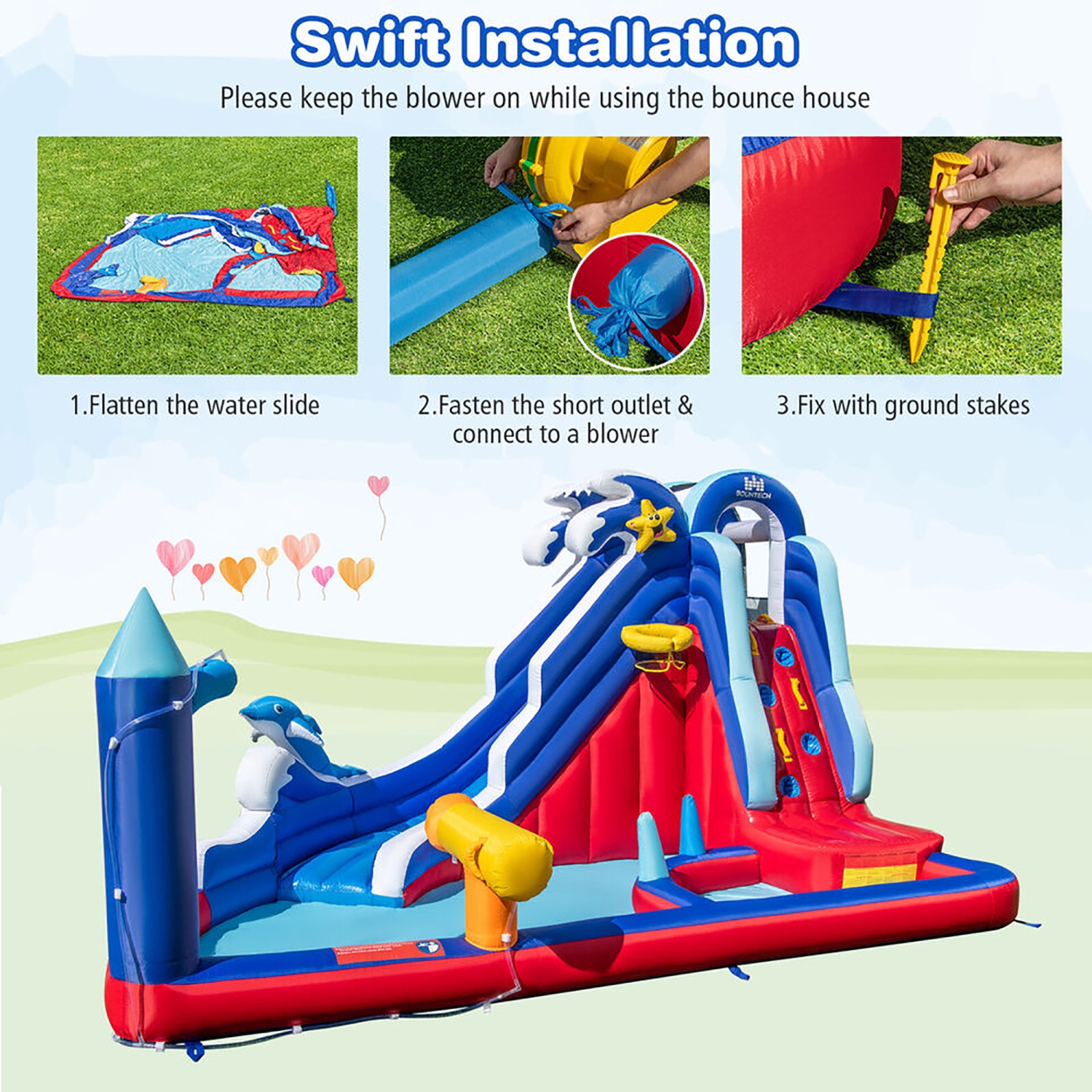 Gymax Inflatable Water Slide Park w/750W Blower Slide 2 Splash Pools Climbing Wall