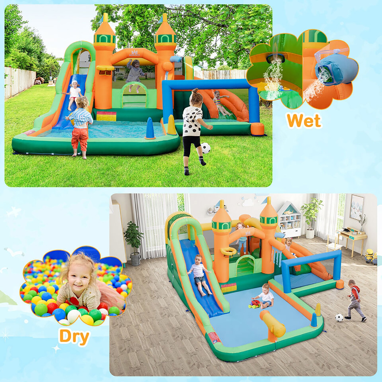 Gymax Kids Inflatable Water Slide Park w/750W Blower Basketball Rim Wet Dry Combo