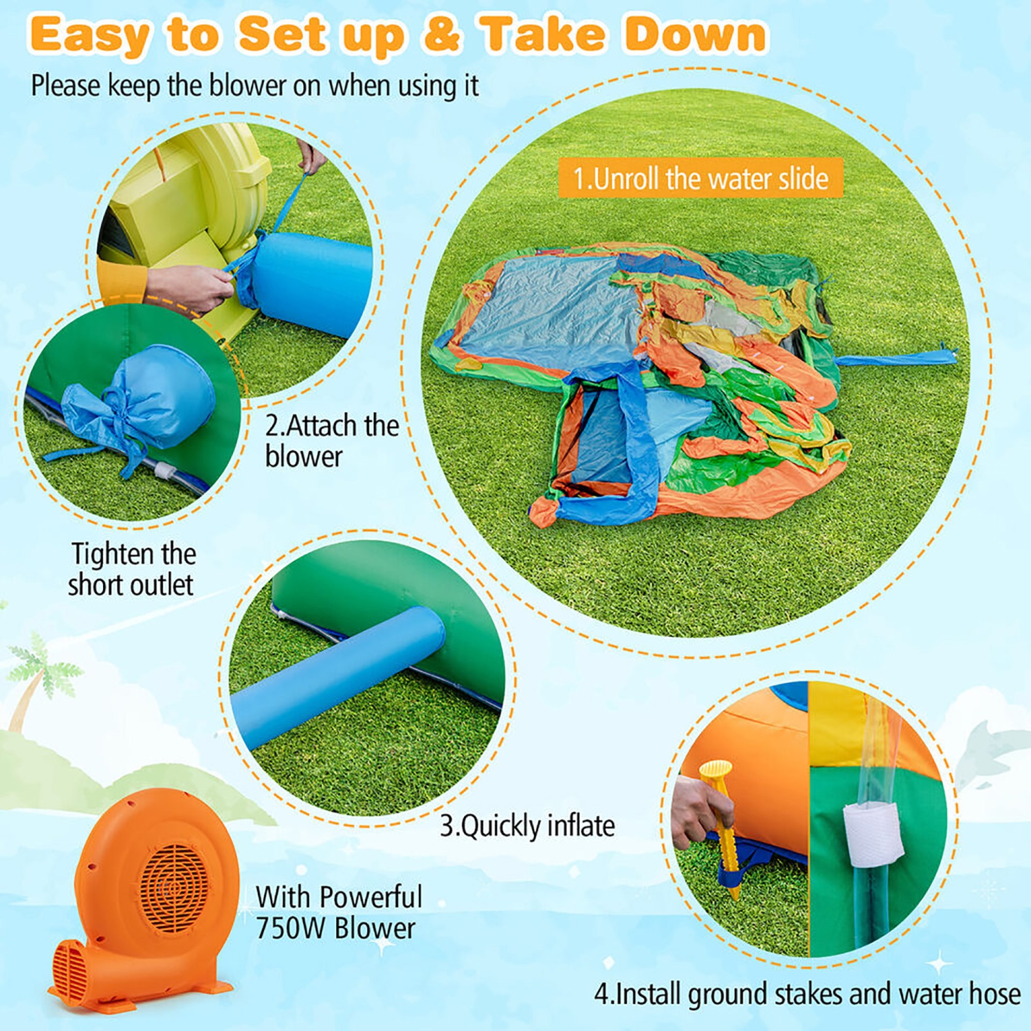 Gymax Kids Inflatable Water Slide Park w/750W Blower Basketball Rim Wet Dry Combo