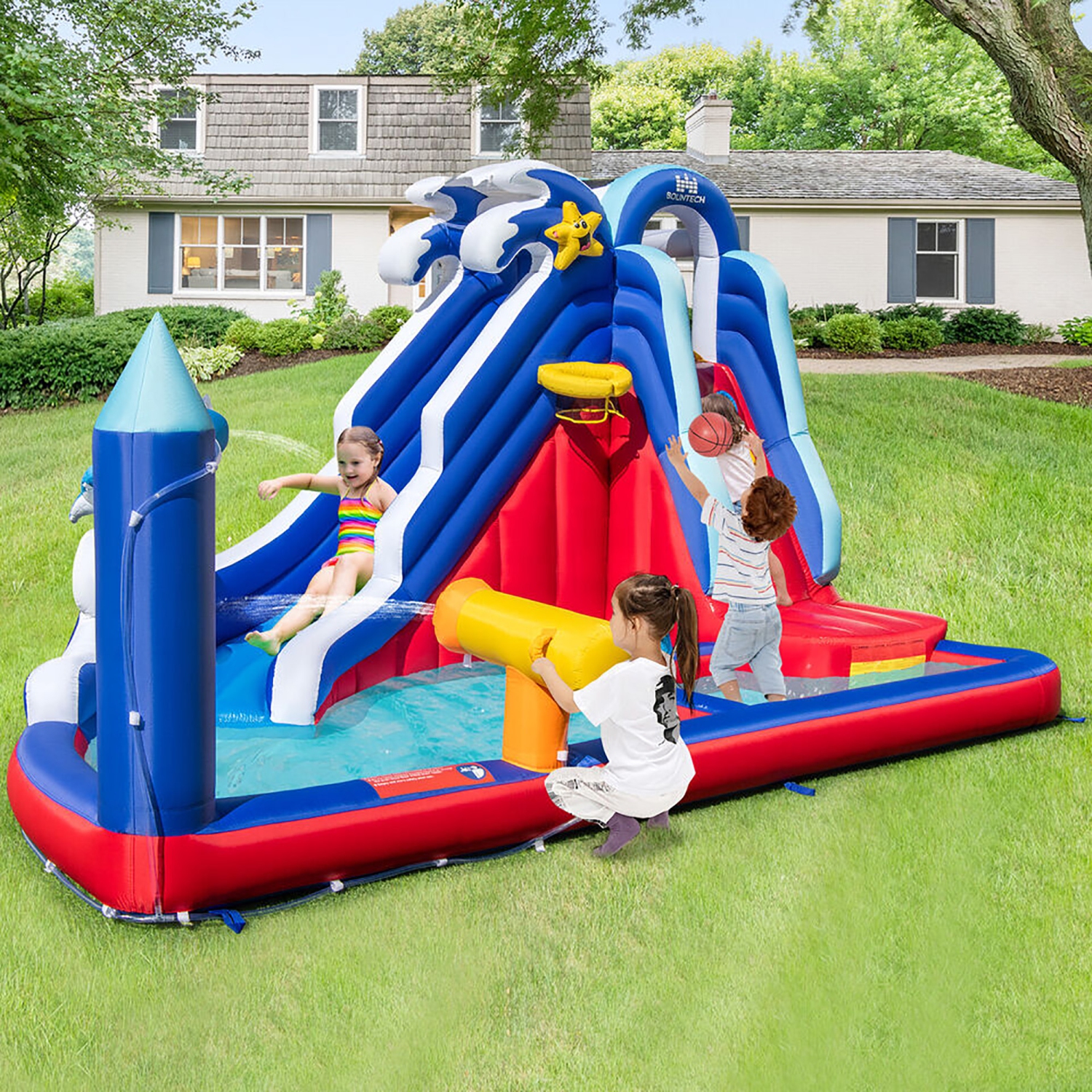 Gymax Inflatable Water Slide Park w/ Slide 2 Splash Pools Climbing Wall Without Blower