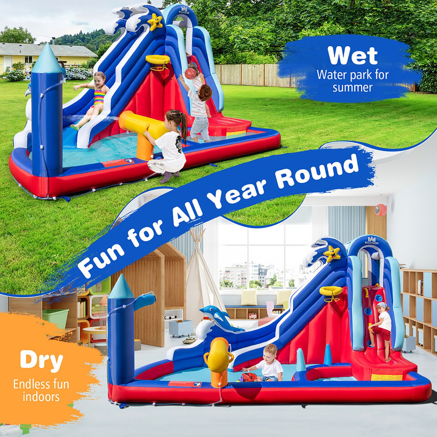 Gymax Inflatable Water Slide Park w/ Slide 2 Splash Pools Climbing Wall Without Blower
