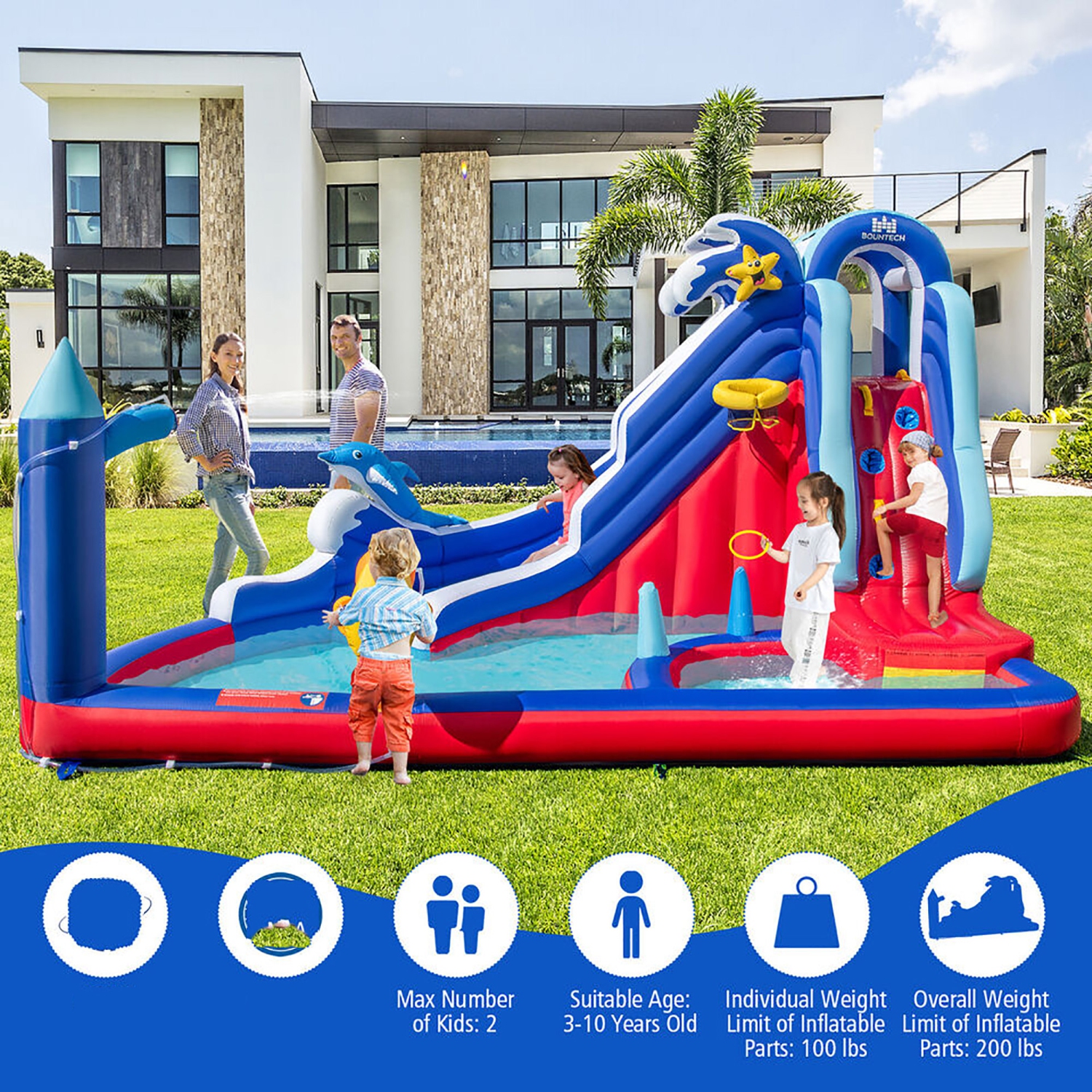 Gymax Inflatable Water Slide Park w/ Slide 2 Splash Pools Climbing Wall Without Blower
