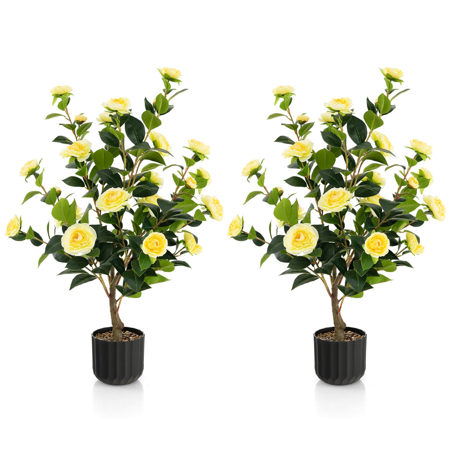 Gymax 2-Pack 38'' Artificial Camellia Tree Faux Floral Plant for Decoration Yellow