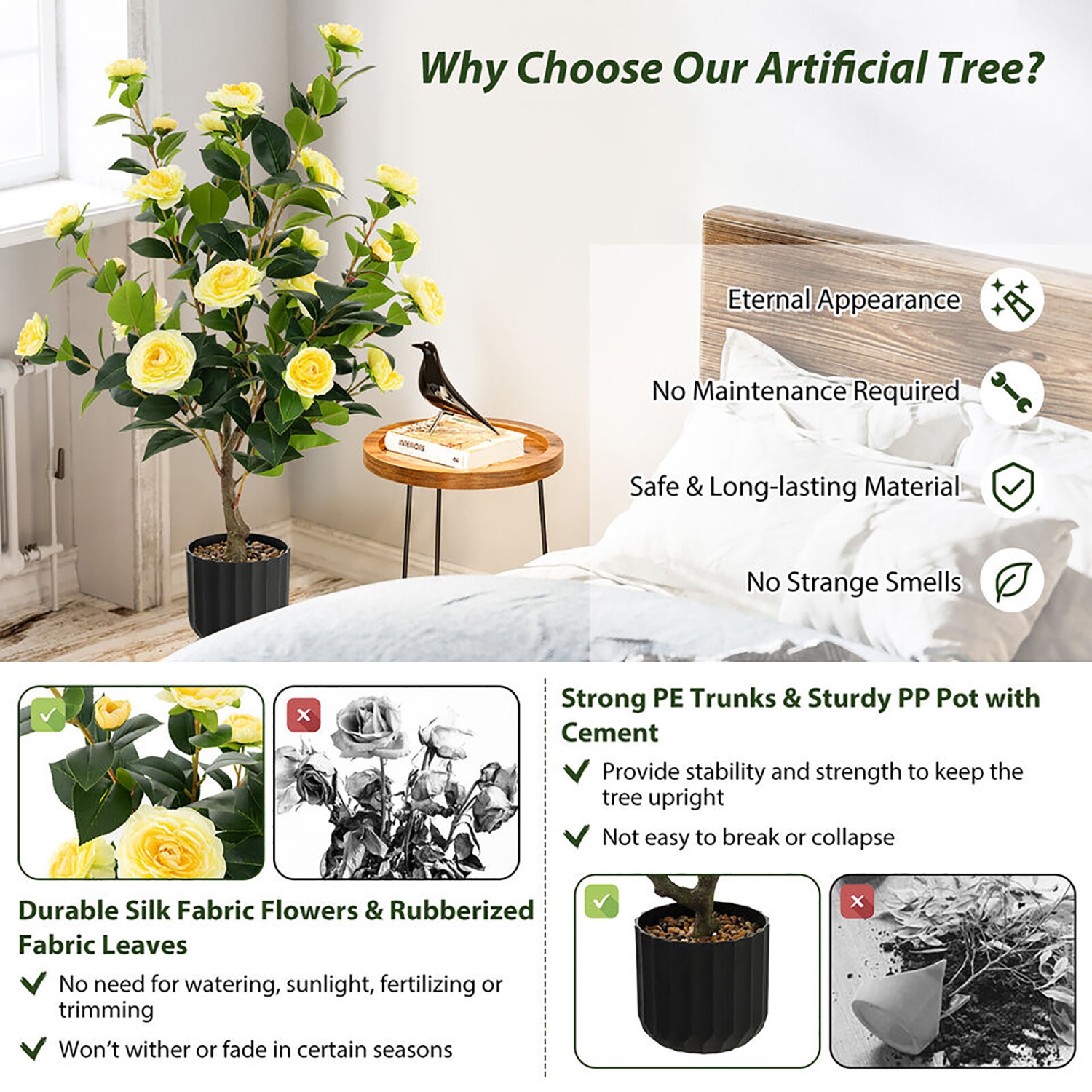 Gymax 2-Pack 38'' Artificial Camellia Tree Faux Floral Plant for Decoration Yellow