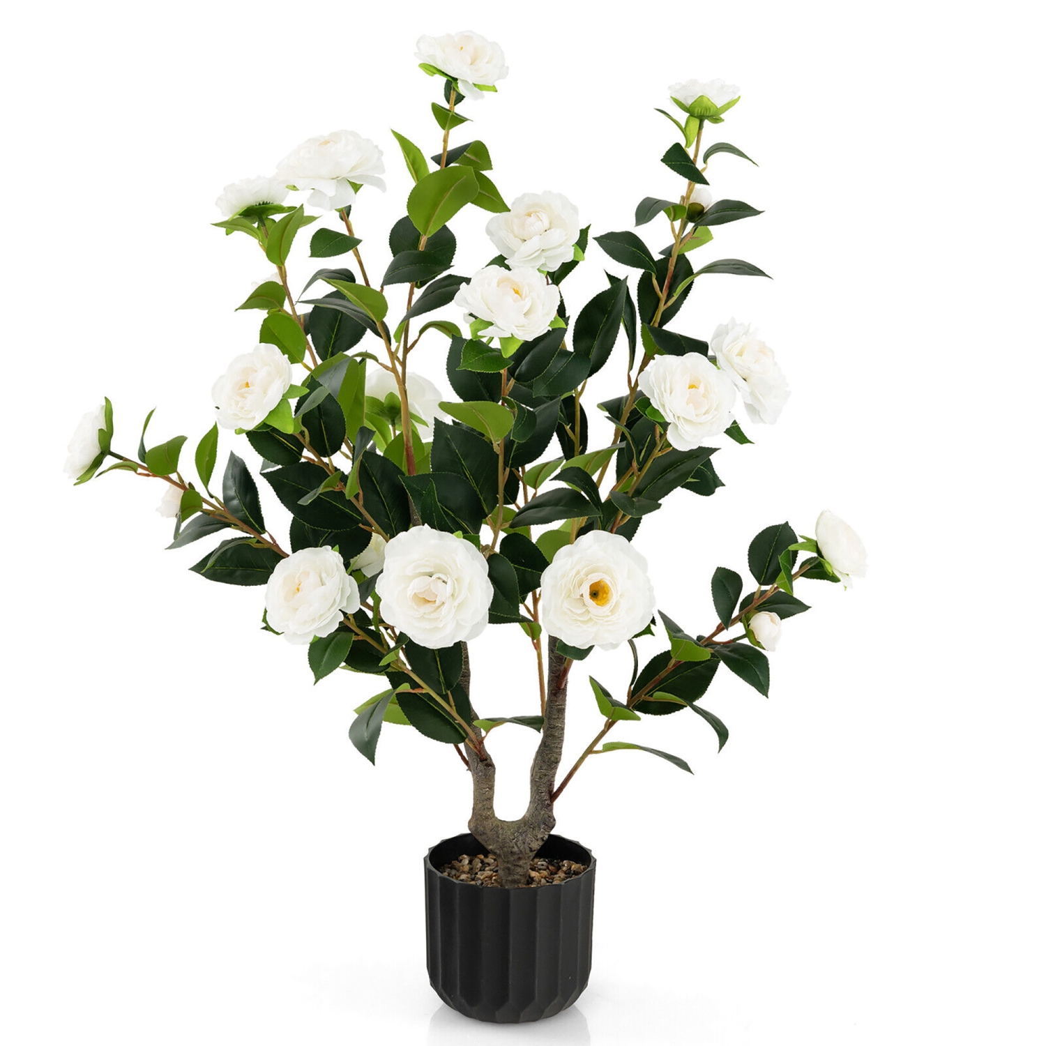 Gymax 38'' Artificial Camellia Tree Faux Floral Plant Fake Tree for Decoration White