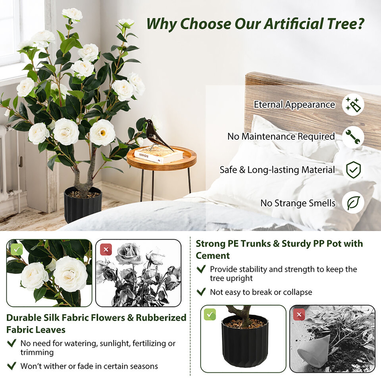 Gymax 38'' Artificial Camellia Tree Faux Floral Plant Fake Tree for Decoration White