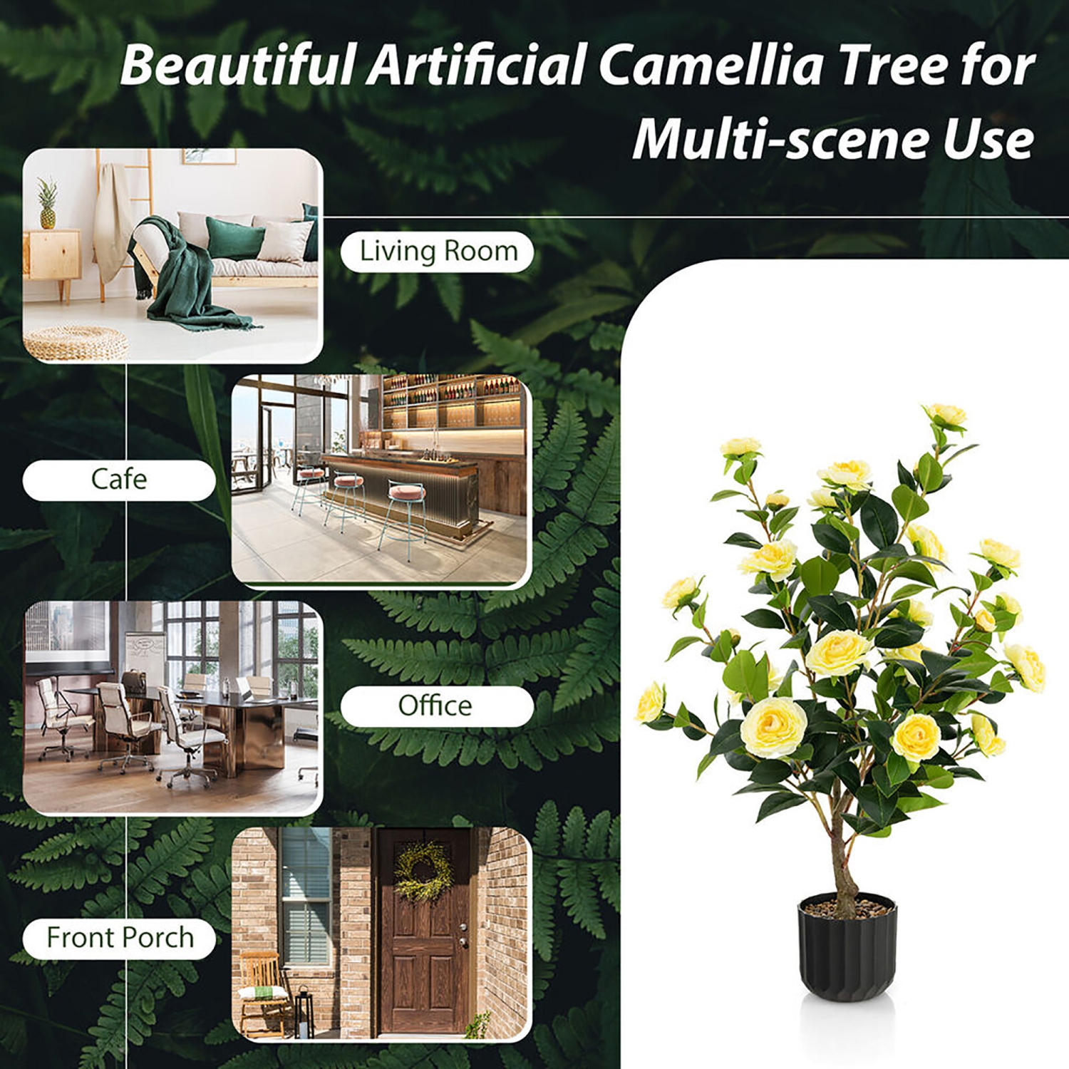 Gymax 38'' Artificial Camellia Tree Faux Floral Plant Fake Tree for Decoration Yellow
