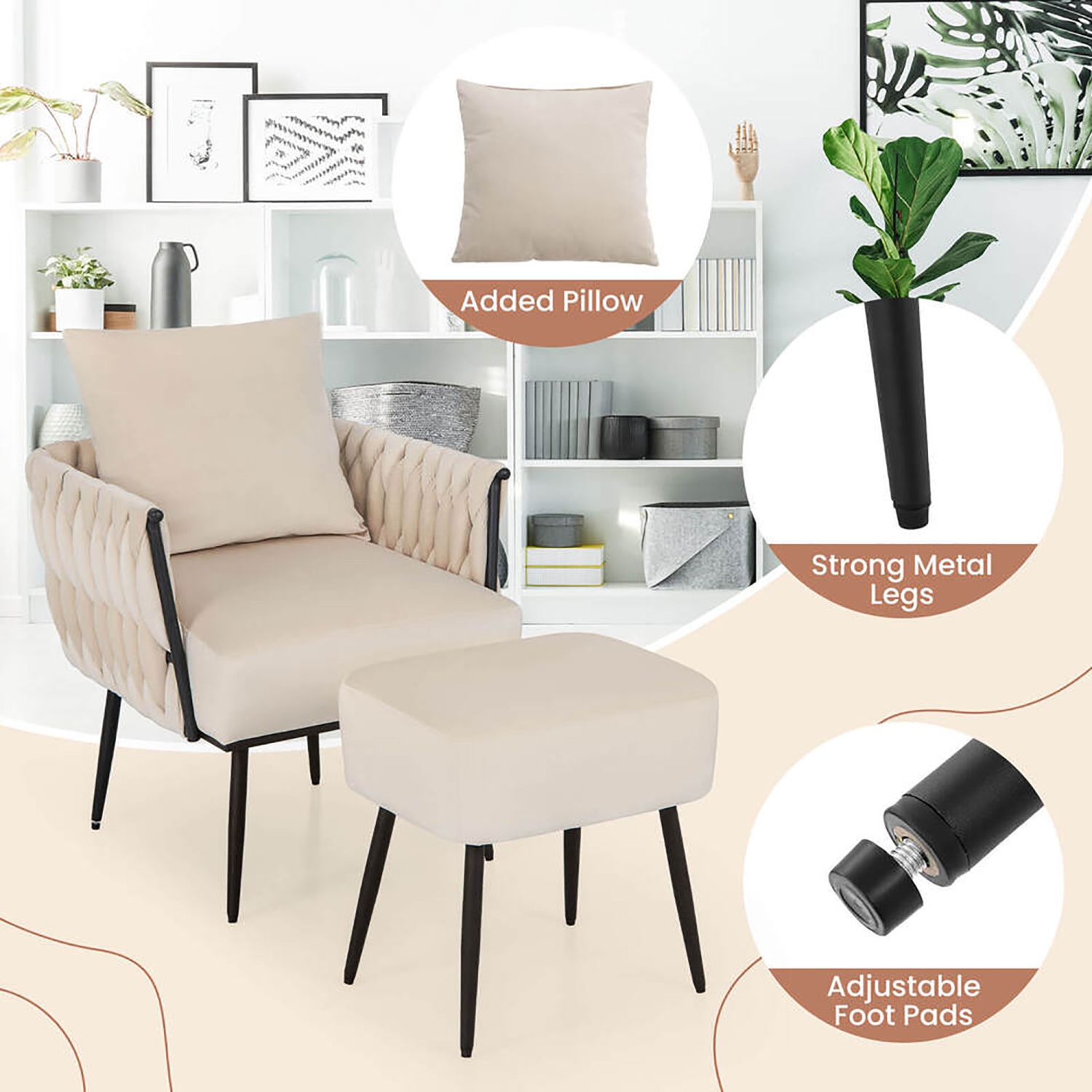 Gymax Modern Dutch Velvet Accent Chair & Ottoman Set Single Leisure Sofa Chair