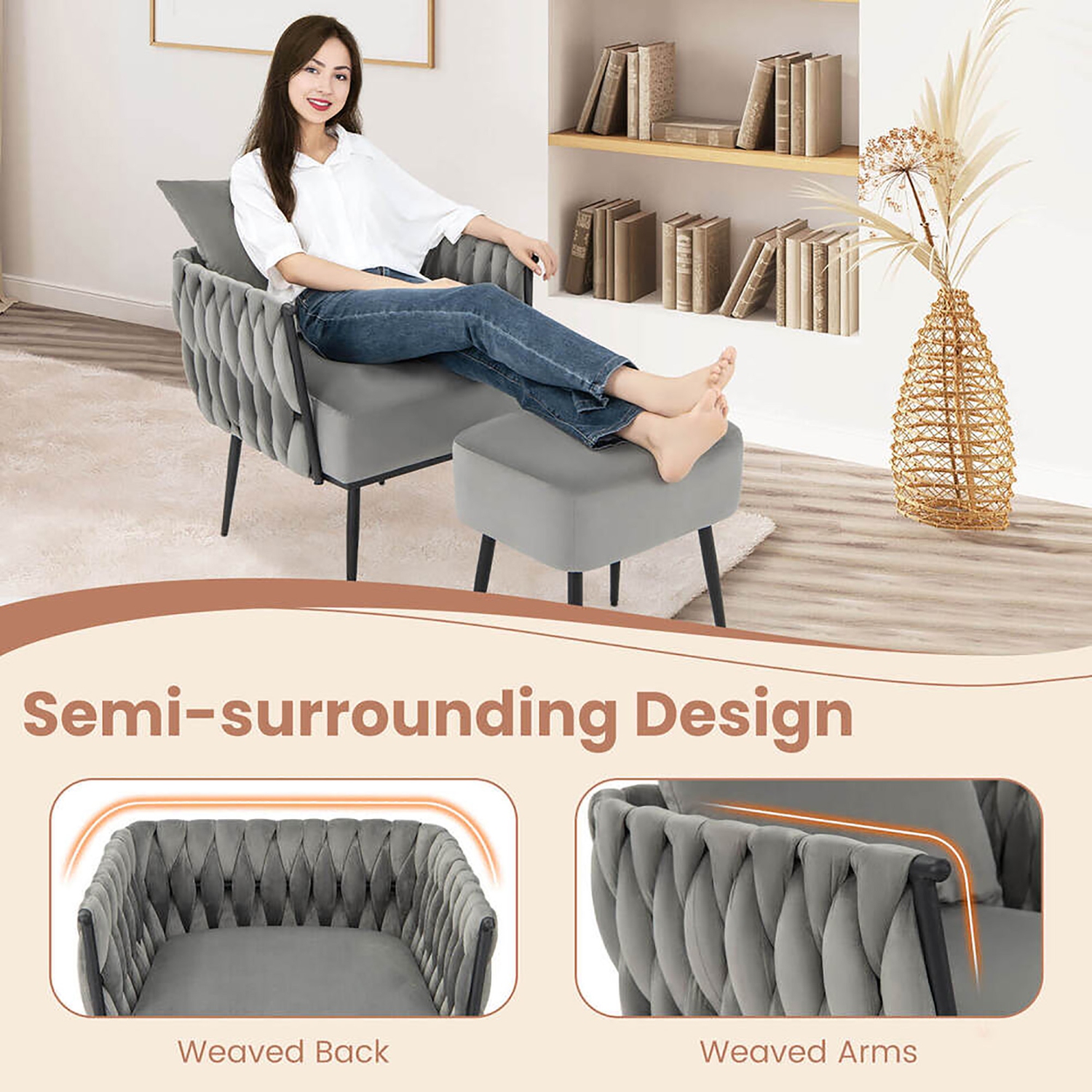 Gymax Modern Dutch Velvet Accent Chair & Ottoman Set Single Leisure Sofa Chair