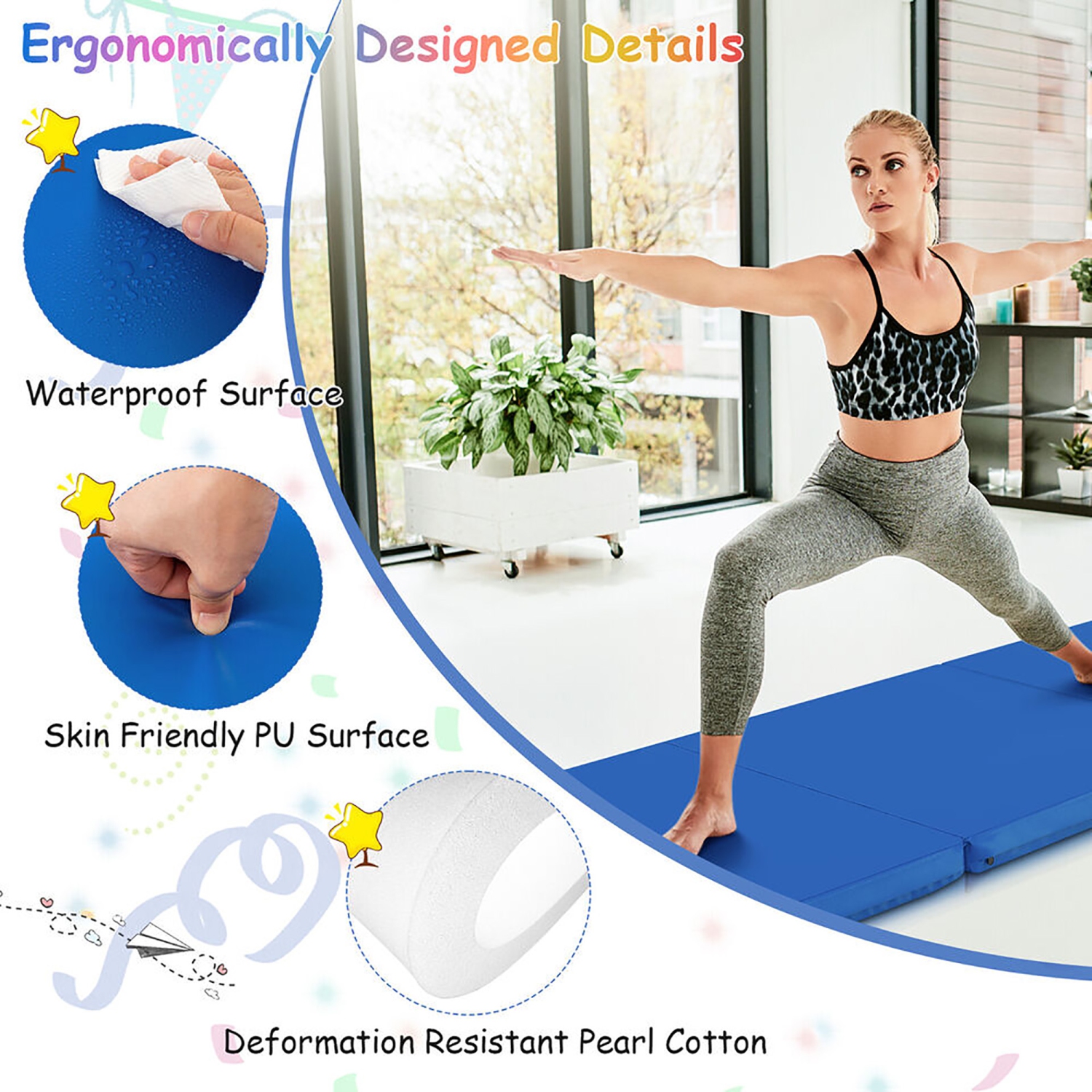 Gymax Tri-Fold Folding Exercise Mat 6 ft x 2 ft Portable Gymnastics Tumbling Yoga Navy