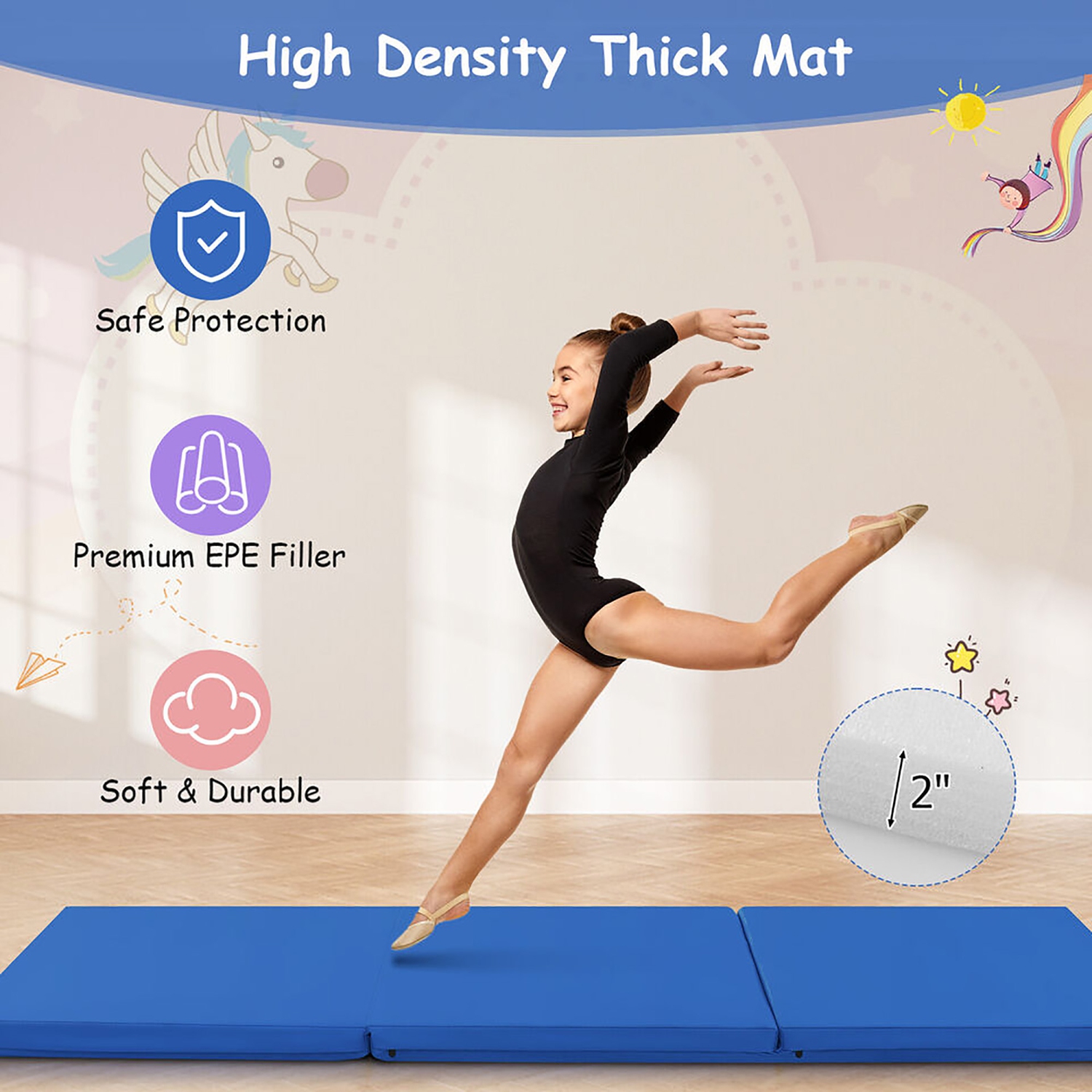 Gymax Tri-Fold Folding Exercise Mat 6 ft x 2 ft Portable Gymnastics Tumbling Yoga Navy