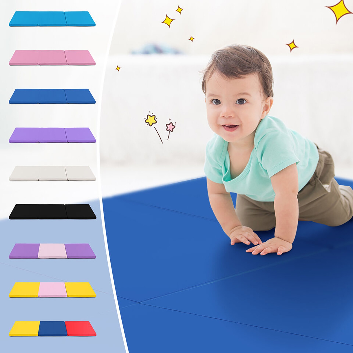 Gymax Tri-Fold Folding Exercise Mat 6 ft x 2 ft Portable Gymnastics Tumbling Yoga Navy