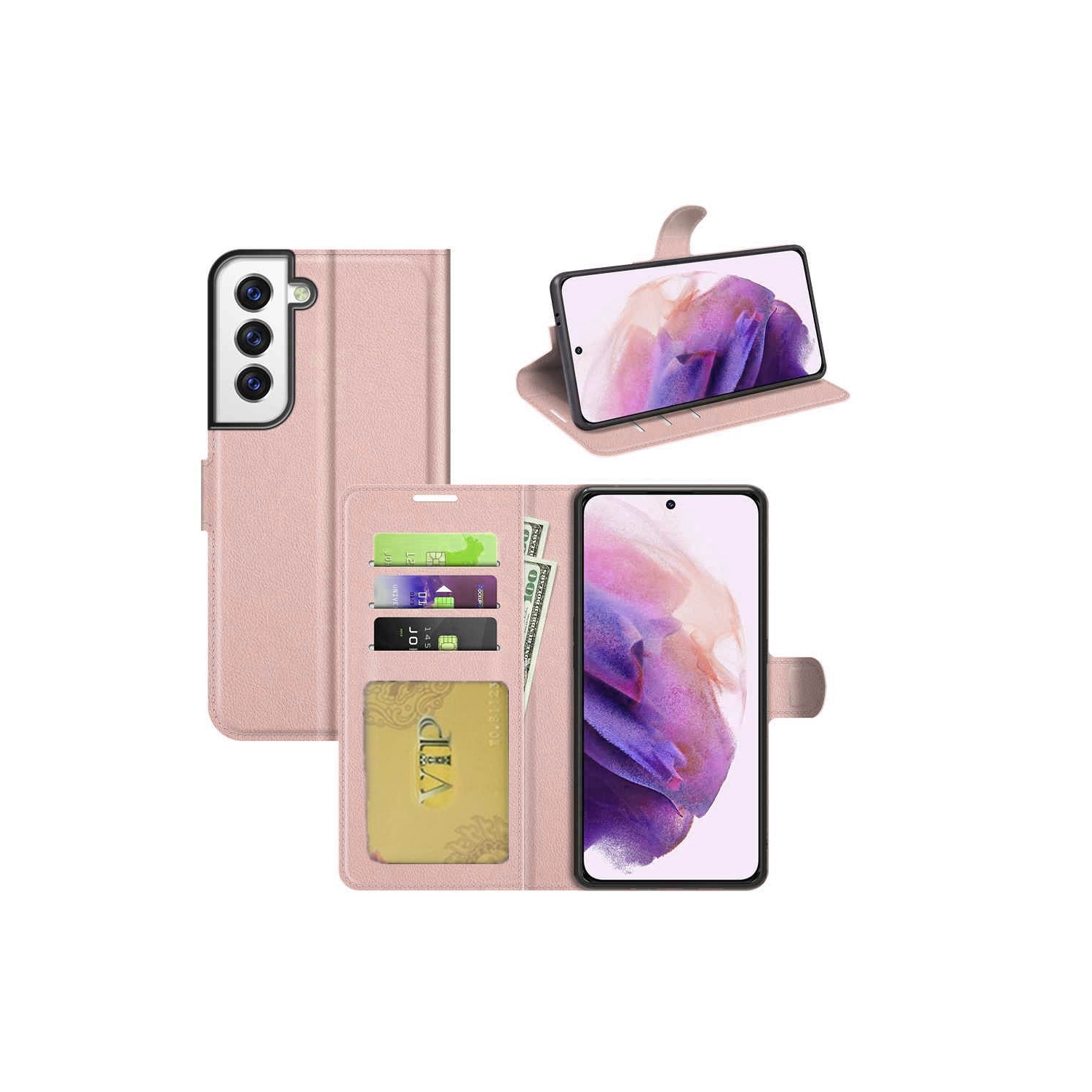 [CS] Étui-portefeuille folio en cuir avec fente magnétique pour carte pour Samsung Galaxy S25 Plus/S24 Plus, rose doré