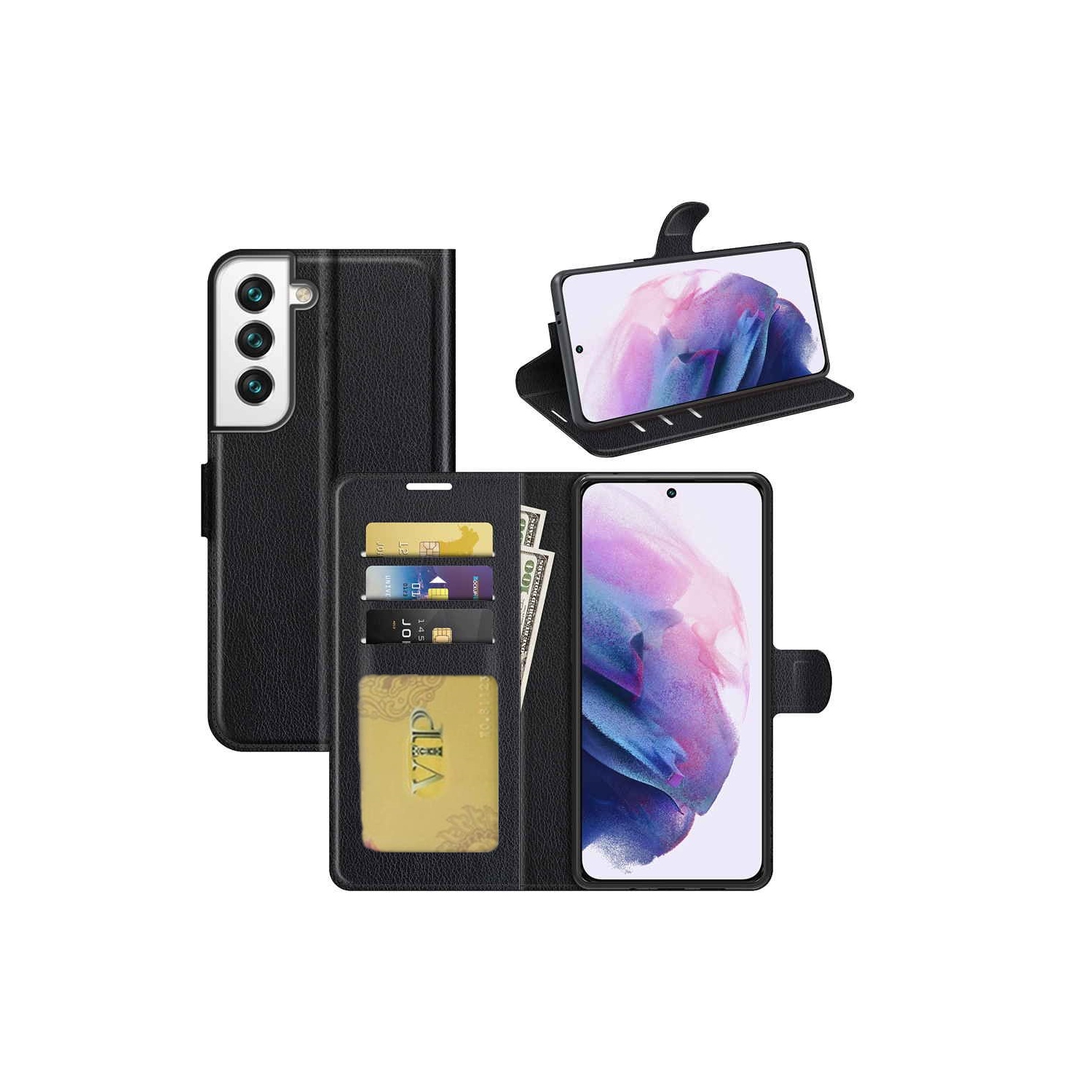 [CS] Étui-portefeuille folio en cuir avec fente pour carte magnétique pour Samsung Galaxy S25 Plus/S24 Plus, noir