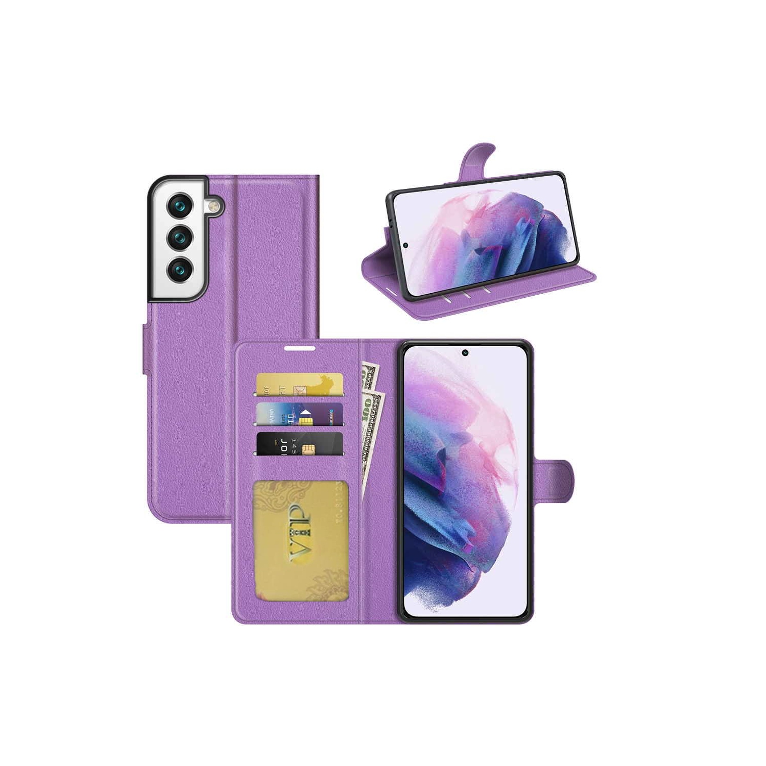 [CS] Magnetic Card Slot Leather Folio Wallet Flip Case Cover for Samsung Galaxy S25 Plus / S24 Plus, Purple