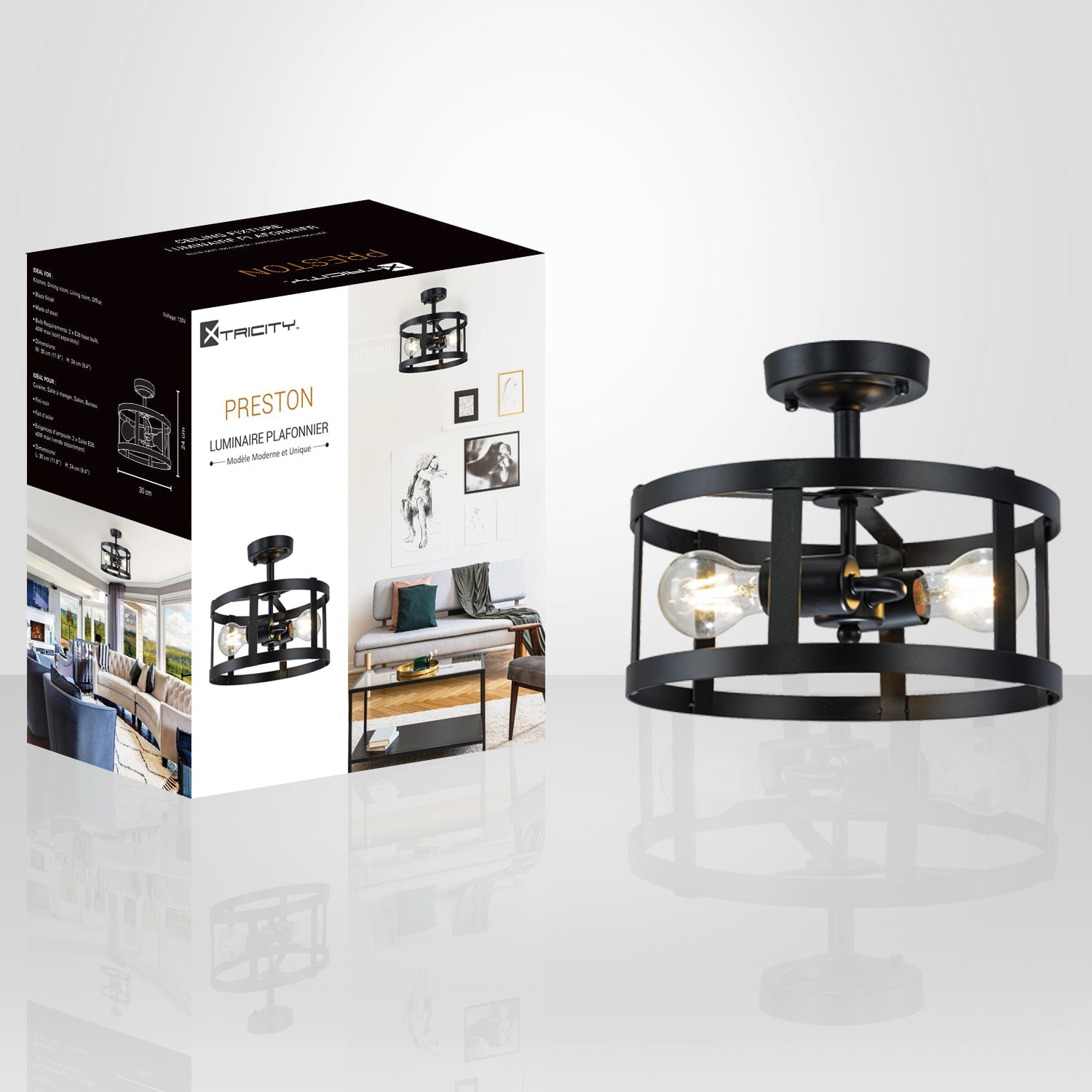 Xtricity - 2-Light Decorative Ceiling Light, 11.8" Width, From the Preston Collection, Black