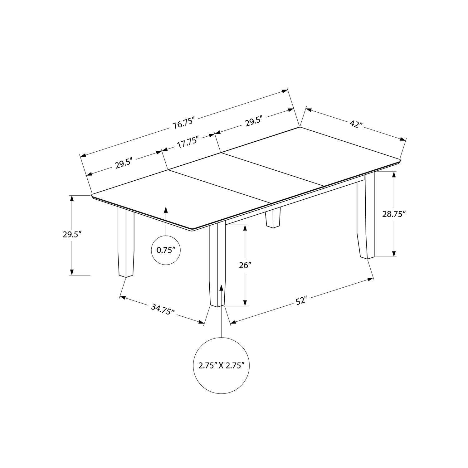 Monarch Specialties I 1331 - Dining Table, 78" Rectangular, 18" Extension Panel, Veneer Top, Solid Wood Legs, Brown Veneer, Transitional