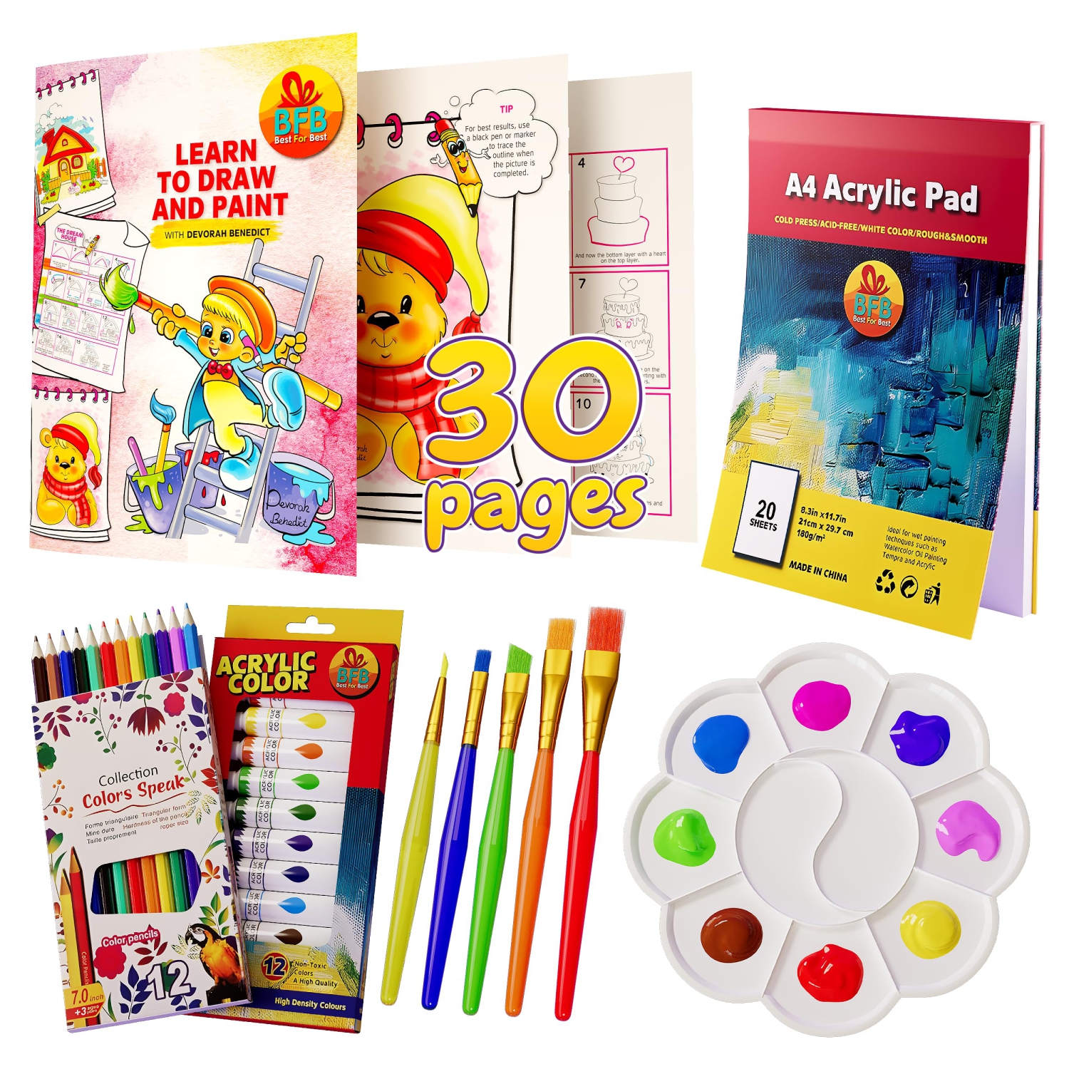 Artistic Adventures: Kids Paint Set with Learn How to Draw Booklet - 32PCS Painting Supplies Kit for Children, Premium Canvas Paint Set for Kids 7+ - Boost Creativity and Fun!