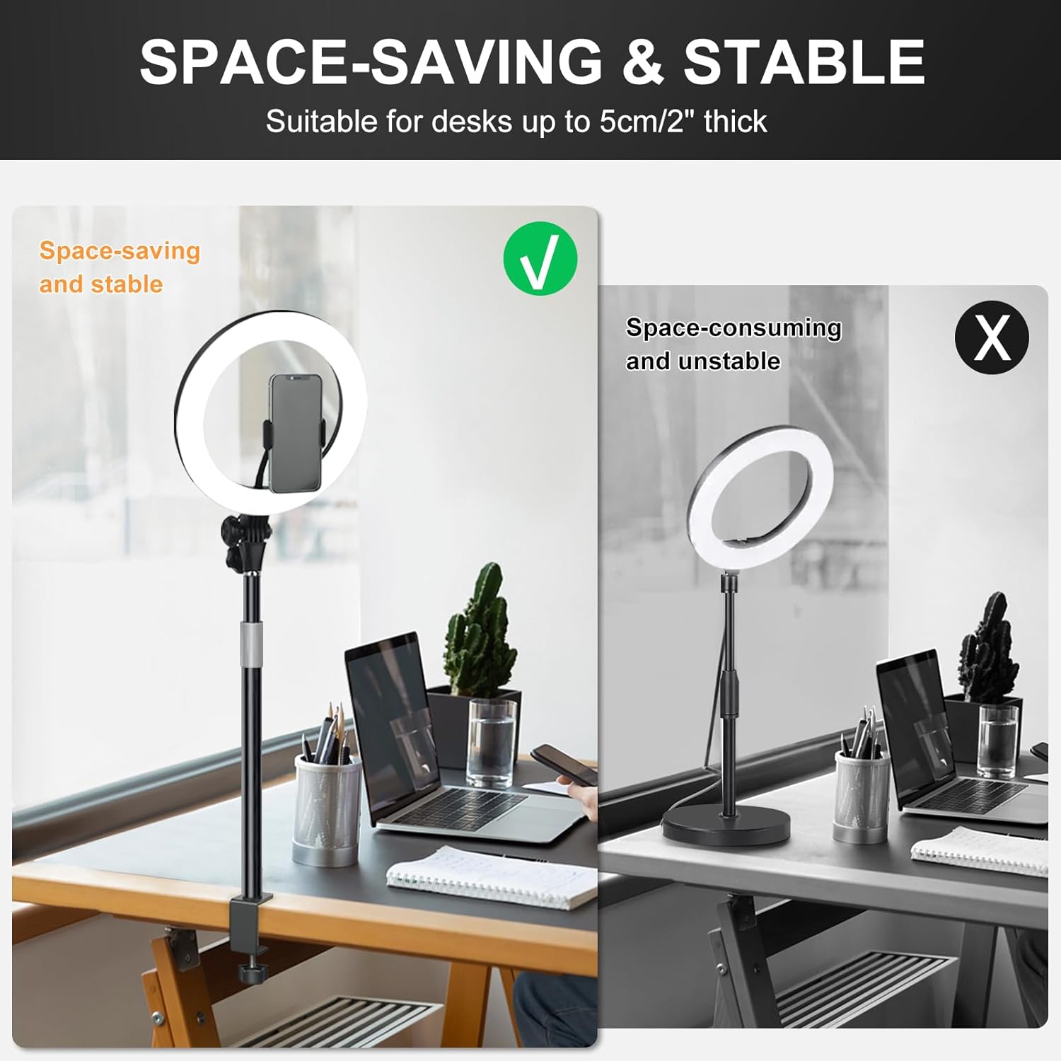 Anneau lumineux de bureau avec support pour le bureau à domicile/vidéoconférence/réunion Zoom-lampe de bureau DEL de 10 po avec support à pince et