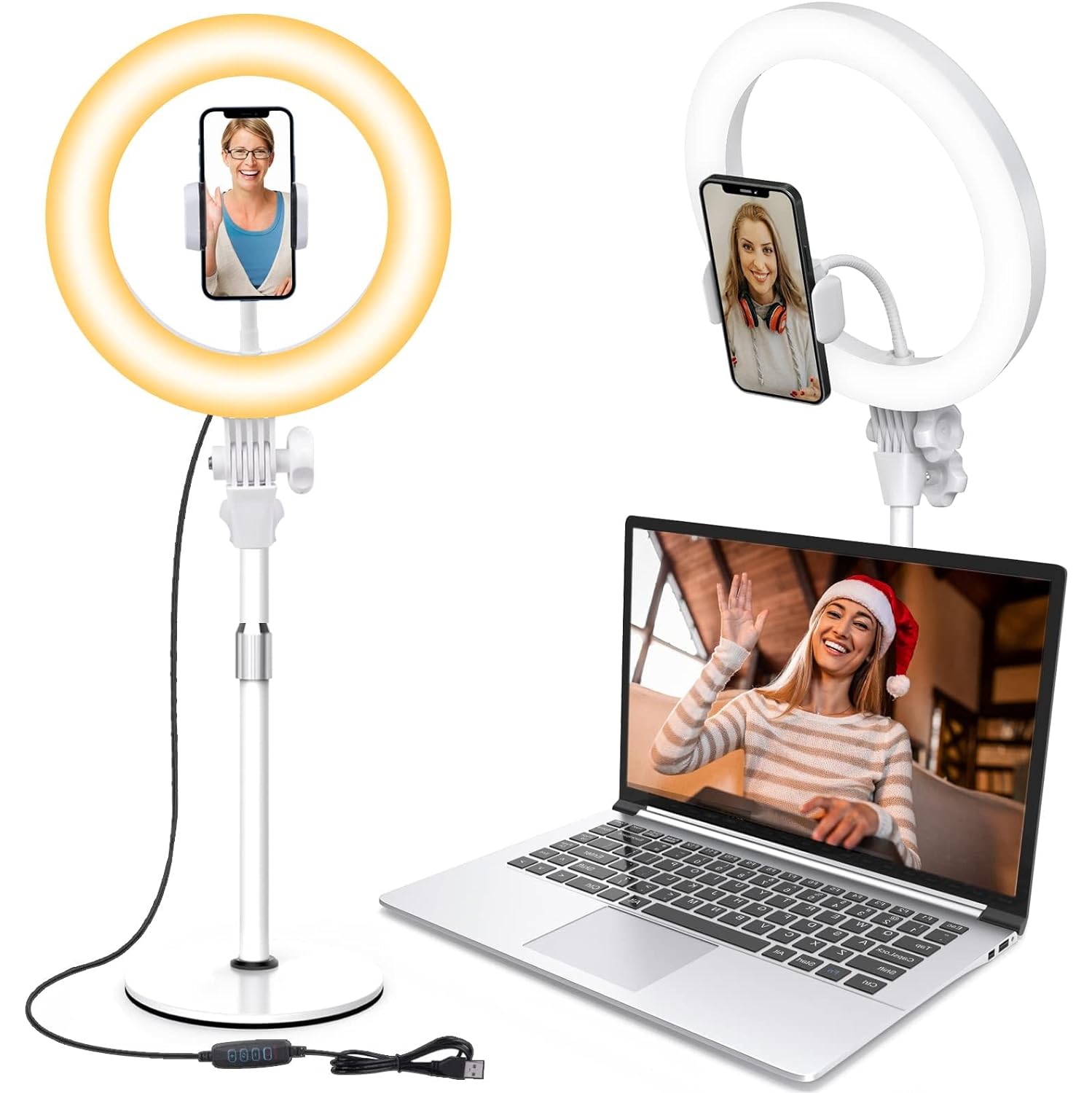 Desk Ring Light with Stand and Phone Holder for Zoom Meetings-10.5'' Selfie Ring Light for Desktop Computer for Makeup/Live Streaming/YouTube White