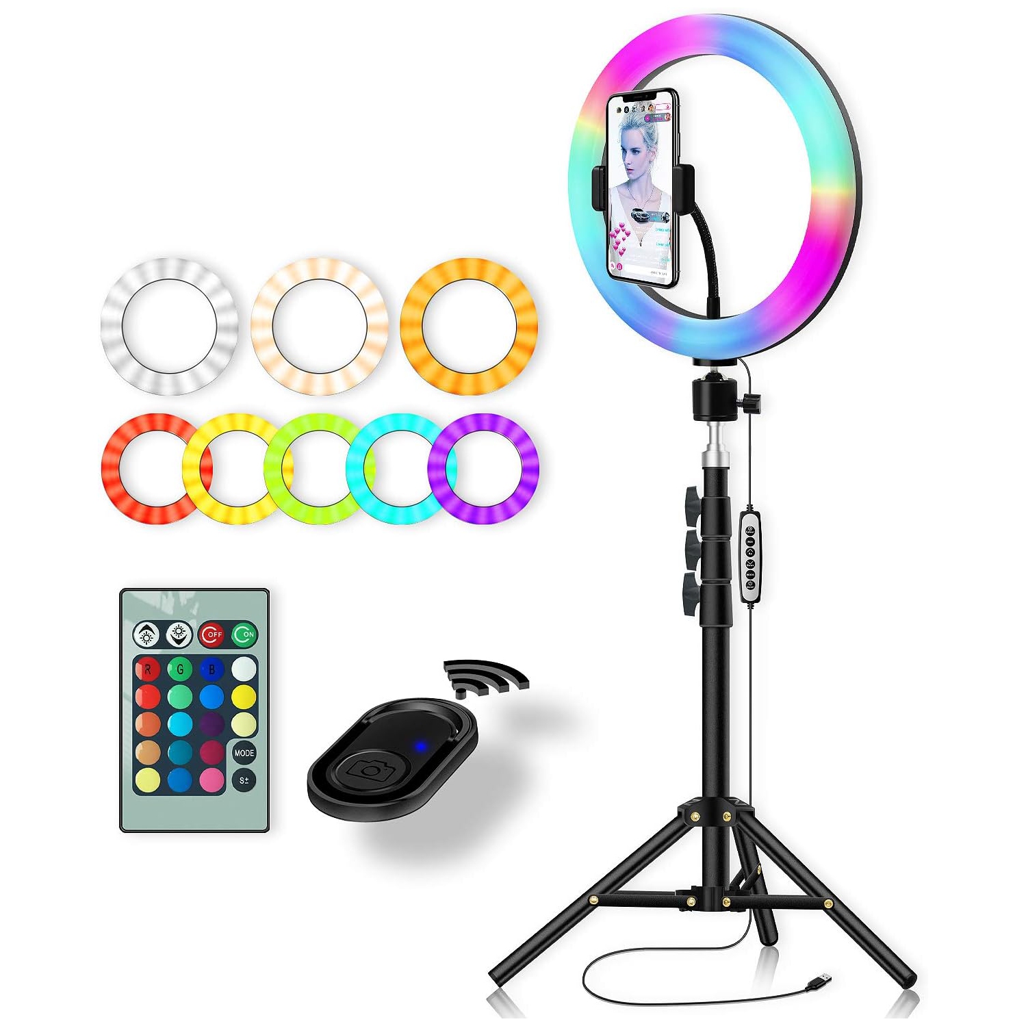 Anneau lumineux de 10 po avec trépied et support pour téléphone - cercles lumineux multicolores RVB pour égoportraits avec télécommande pour