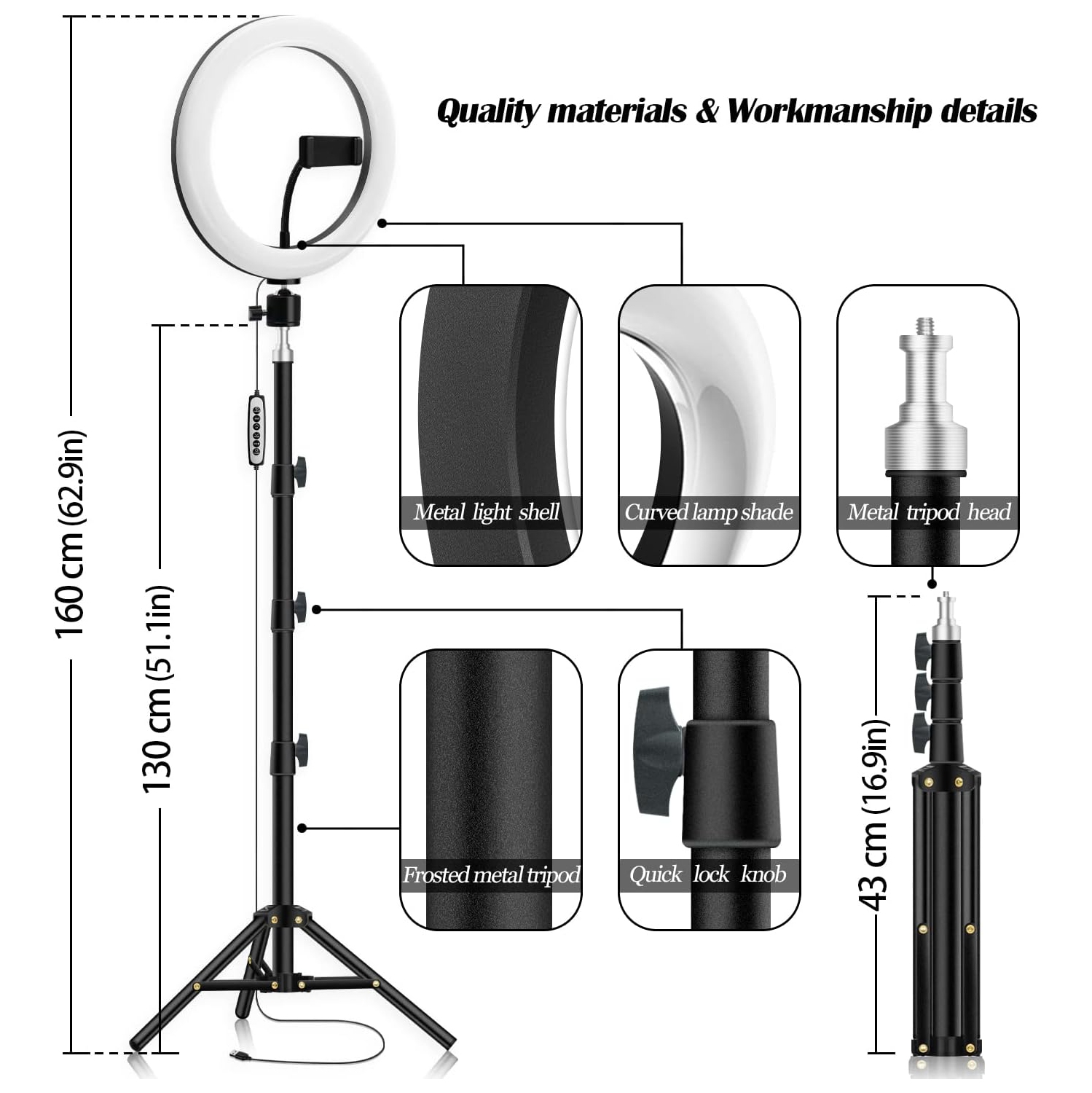 Anneau lumineux de 10 po avec trépied et support pour téléphone - cercles lumineux multicolores RVB pour égoportraits avec télécommande pour