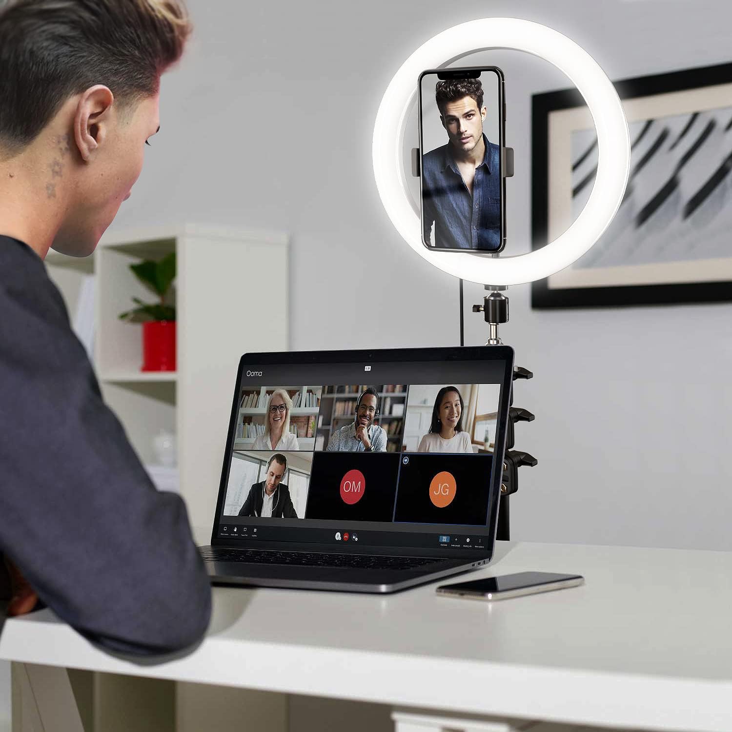 Anneau lumineux de 10 po avec trépied et support pour téléphone - cercles lumineux multicolores RVB pour égoportraits avec télécommande pour