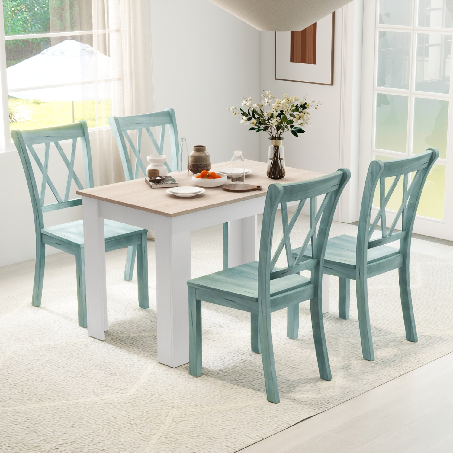 Ensemble de salle à manger moderne 5 pièces avec table rectangulaire et 4 chaises en bois de caoutchouc de Costway