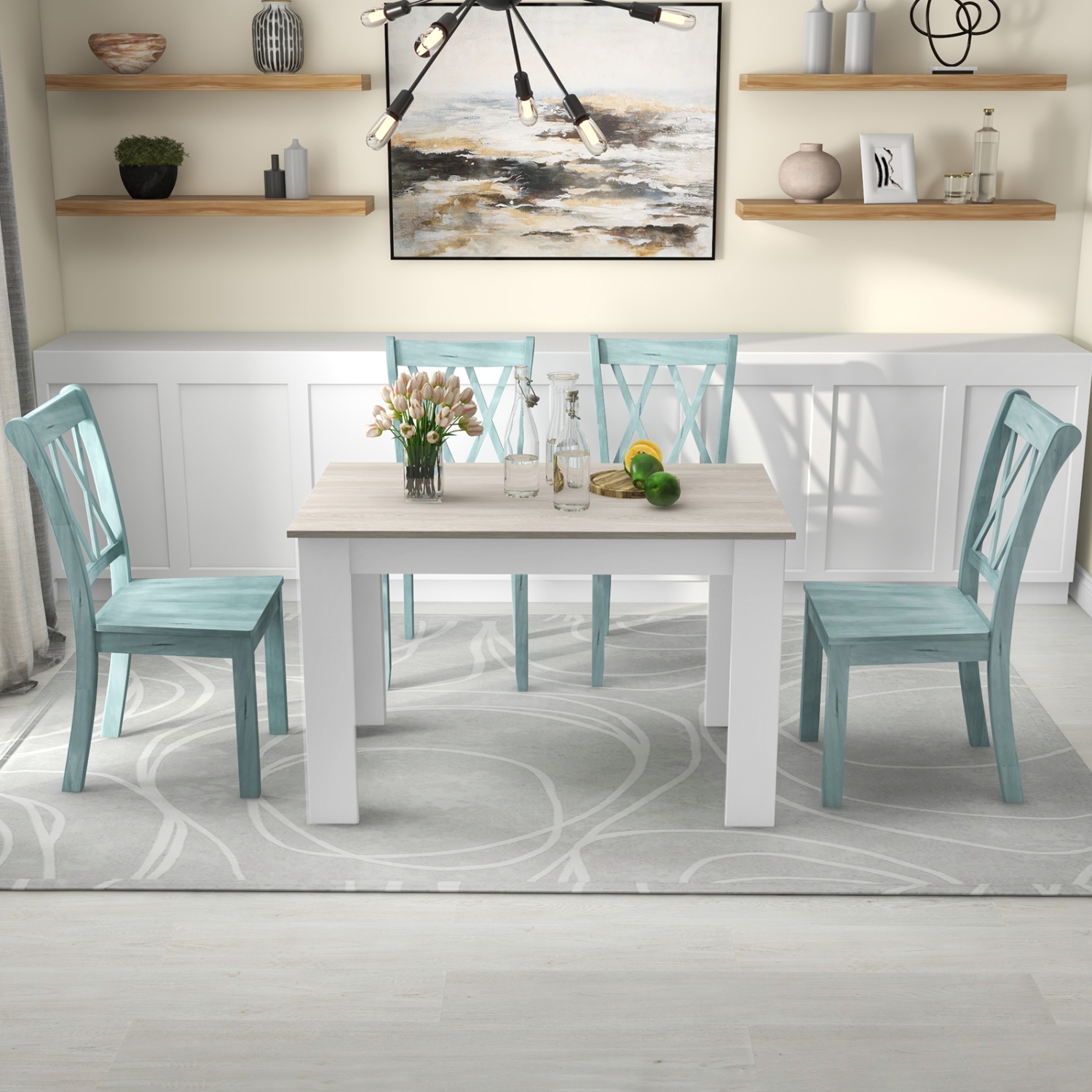 Ensemble de salle à manger moderne 5 pièces avec table rectangulaire et 4 chaises en bois de caoutchouc de Costway