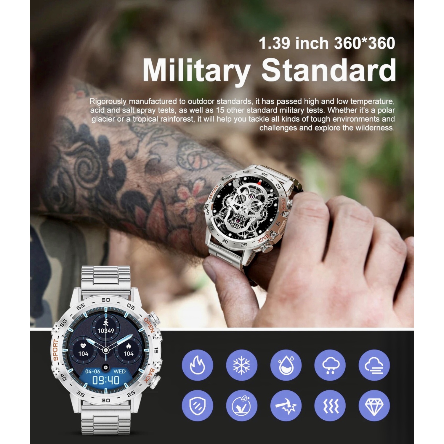 TUTT Smart Watch for Men Metal Case | Military Rugged Smartwatch BT Call Health & Fitness | 2 Straps K52 LIGE