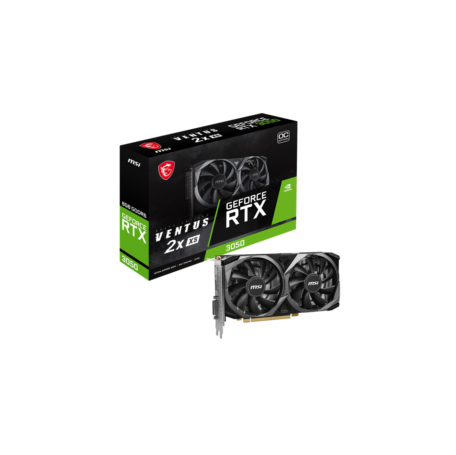 MSI RTX 3050 VENTUS 2X XS 8G OC, 8GB GDDR6, 1807 MHz Boost, 128-bit, 6-pin x 1, HDMI x1, DisplayPort x1, video card