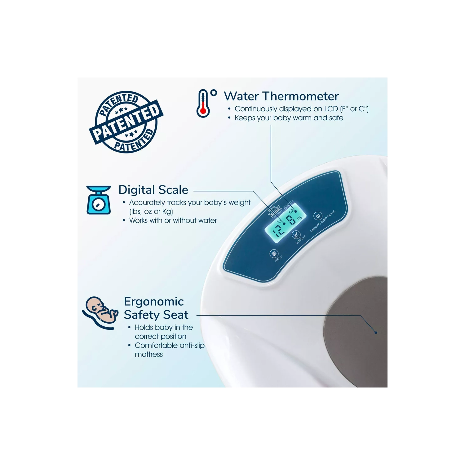 Thermomètre à eau numérique 3-en-1 à échelle Aqua Scale et baignoire pour bébé de Baby Patent
