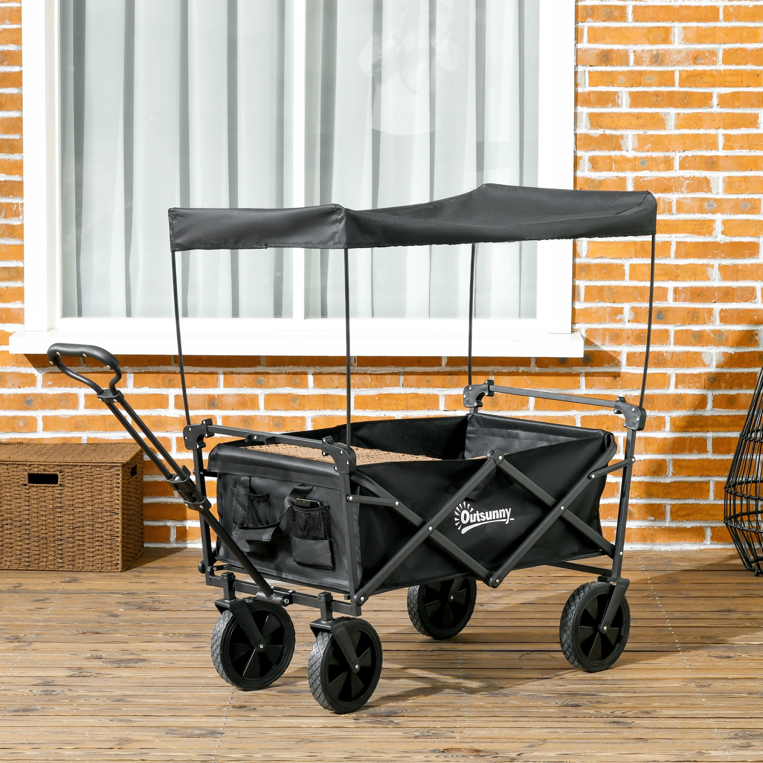 Outsunny Outdoor Collapsible Wagon with Removable Canopy, Folding Garden Cart, Heavy Duty Pull Along Camping Cart with Telescopic Handle and Carry
