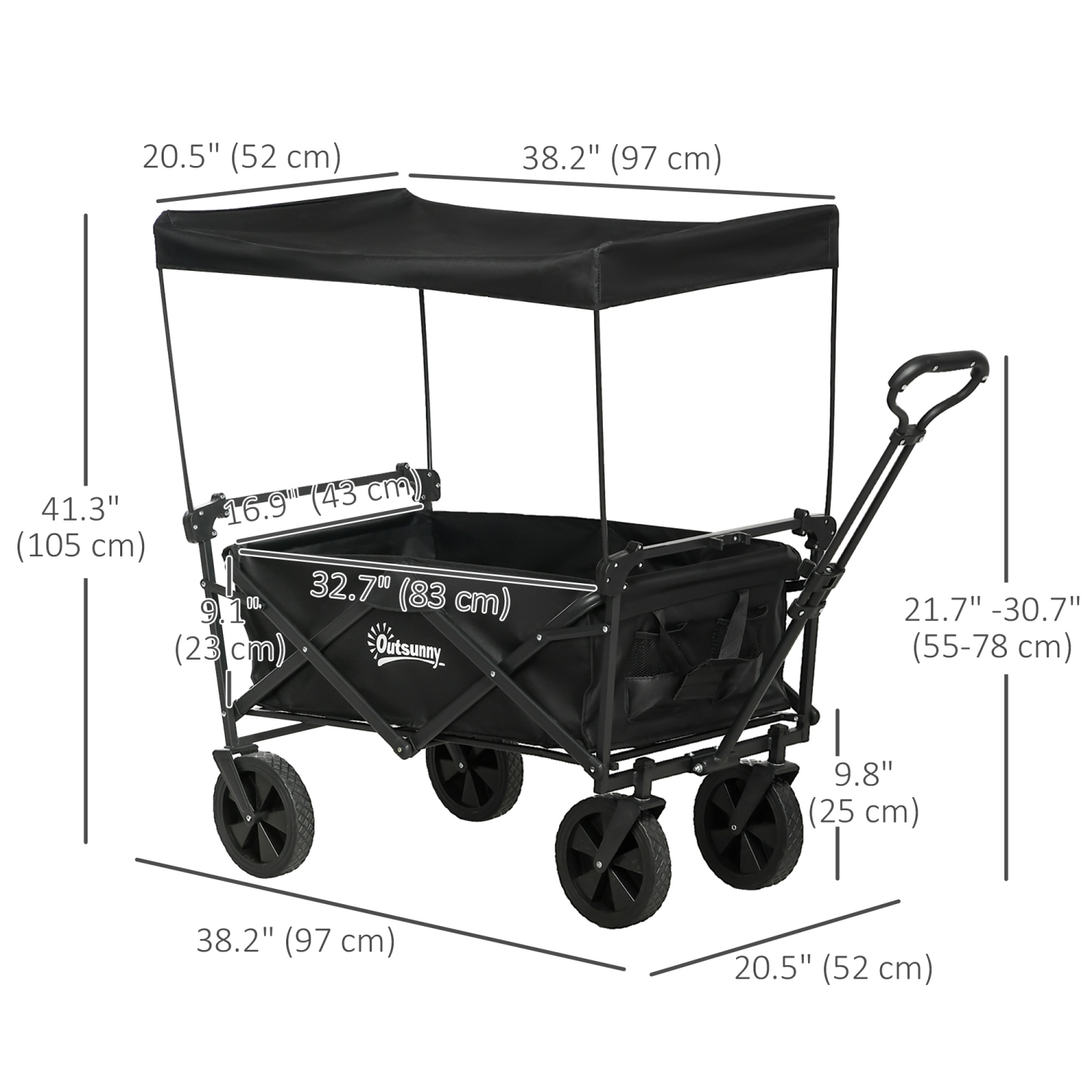 Outsunny Outdoor Collapsible Wagon with Removable Canopy, Folding Garden Cart, Heavy Duty Pull Along Camping Cart with Telescopic Handle and Carry