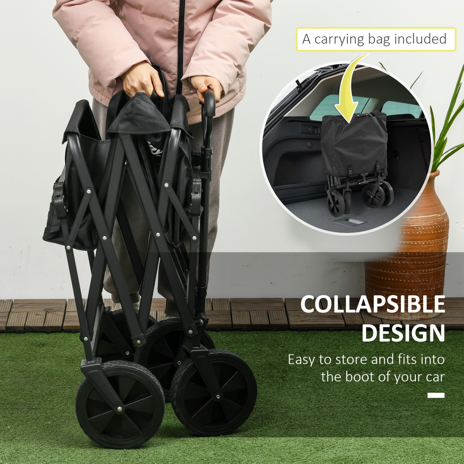 Outsunny Outdoor Collapsible Wagon with Removable Canopy, Folding Garden Cart, Heavy Duty Pull Along Camping Cart with Telescopic Handle and Carry