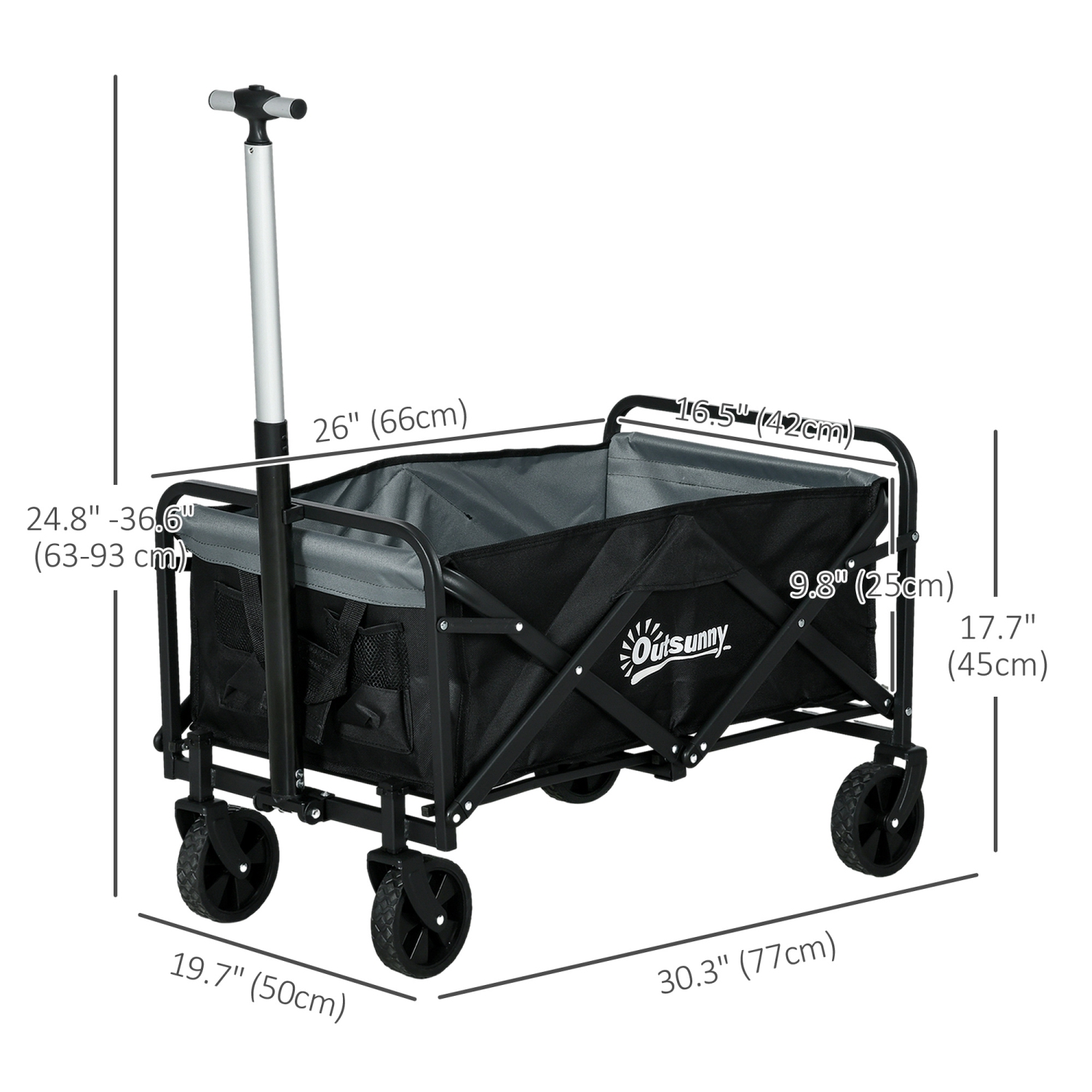 Outsunny Outdoor Collapsible Wagon, Folding Garden Cart, Heavy Duty Pull Along Camping Cart with Telescopic Handle and All-Terrain Wheels, 176LBS