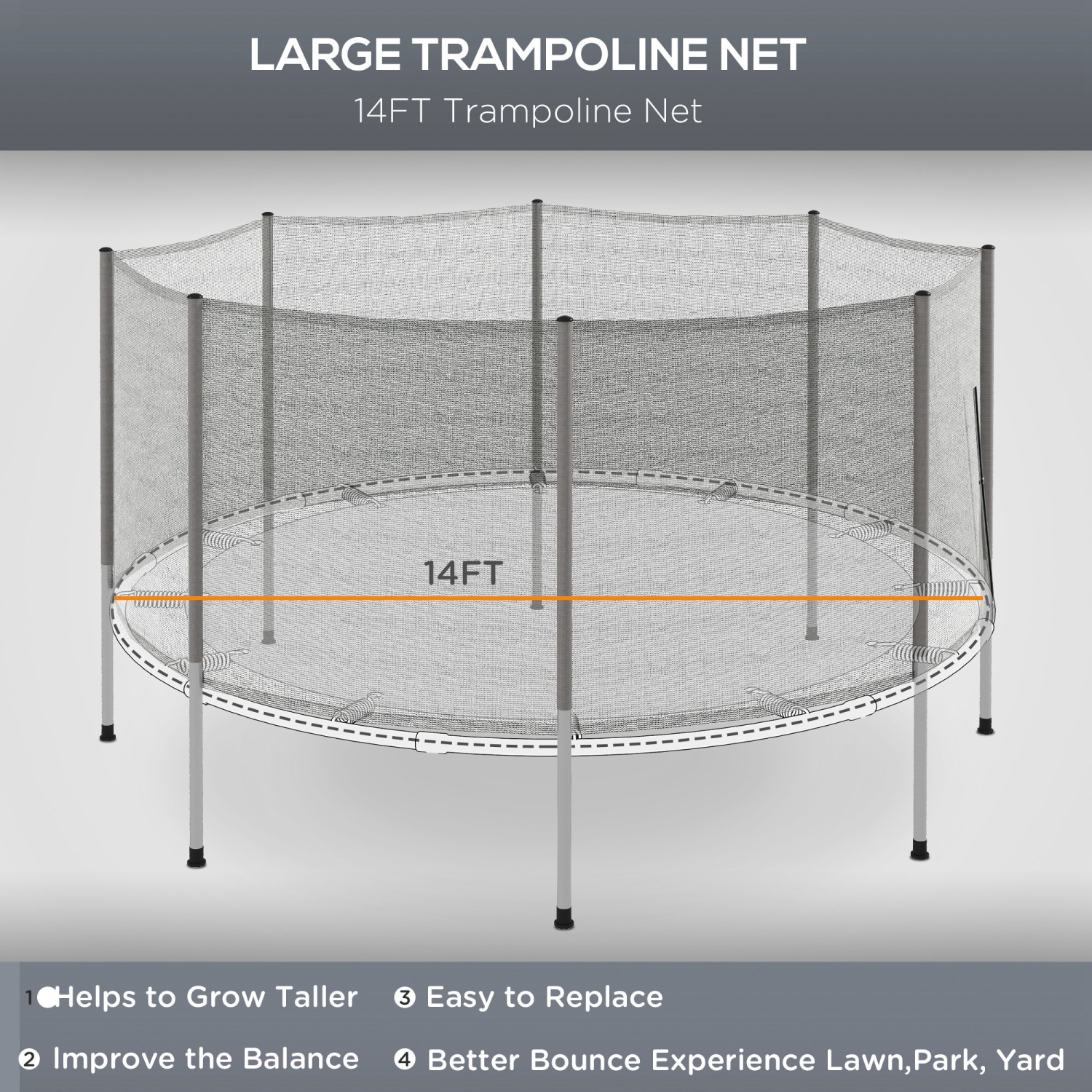 Soozier – filet de trampoline 14FT, accessoires de sécurité à rebond avec filet de 8 poteaux seulement, gris