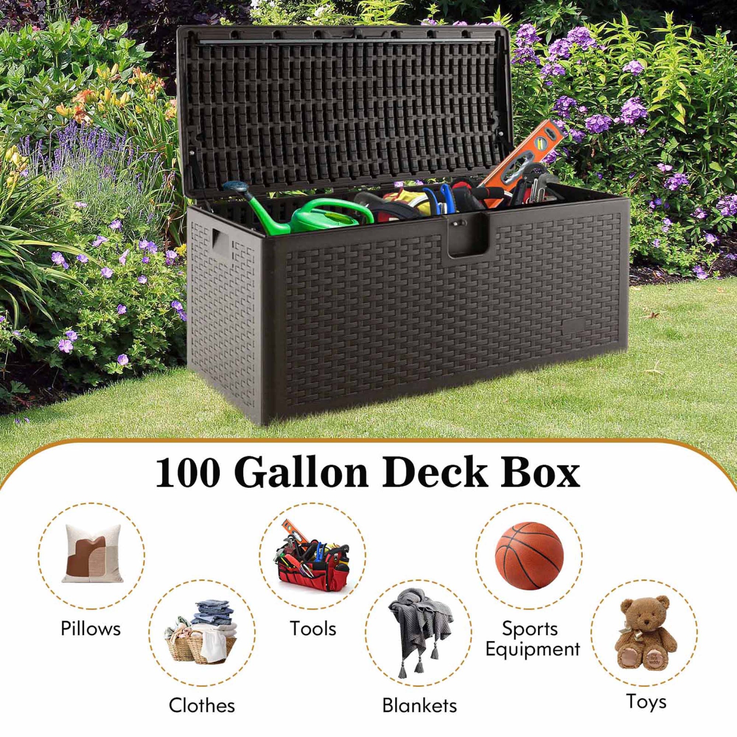 Costway 100 Gallon Patio Deck Box Outdoor Waterproof Storage Container for Tools Toys Brown