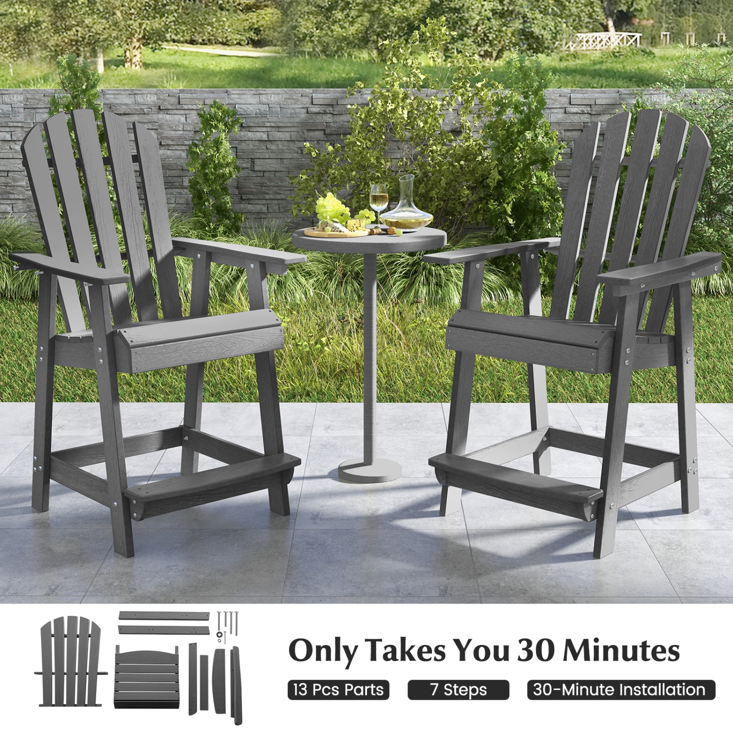Costway 2 PCS Tall Bar Stool HDPE Patio Chair with Armrest Footrest Home Indoor Outdoor Gray