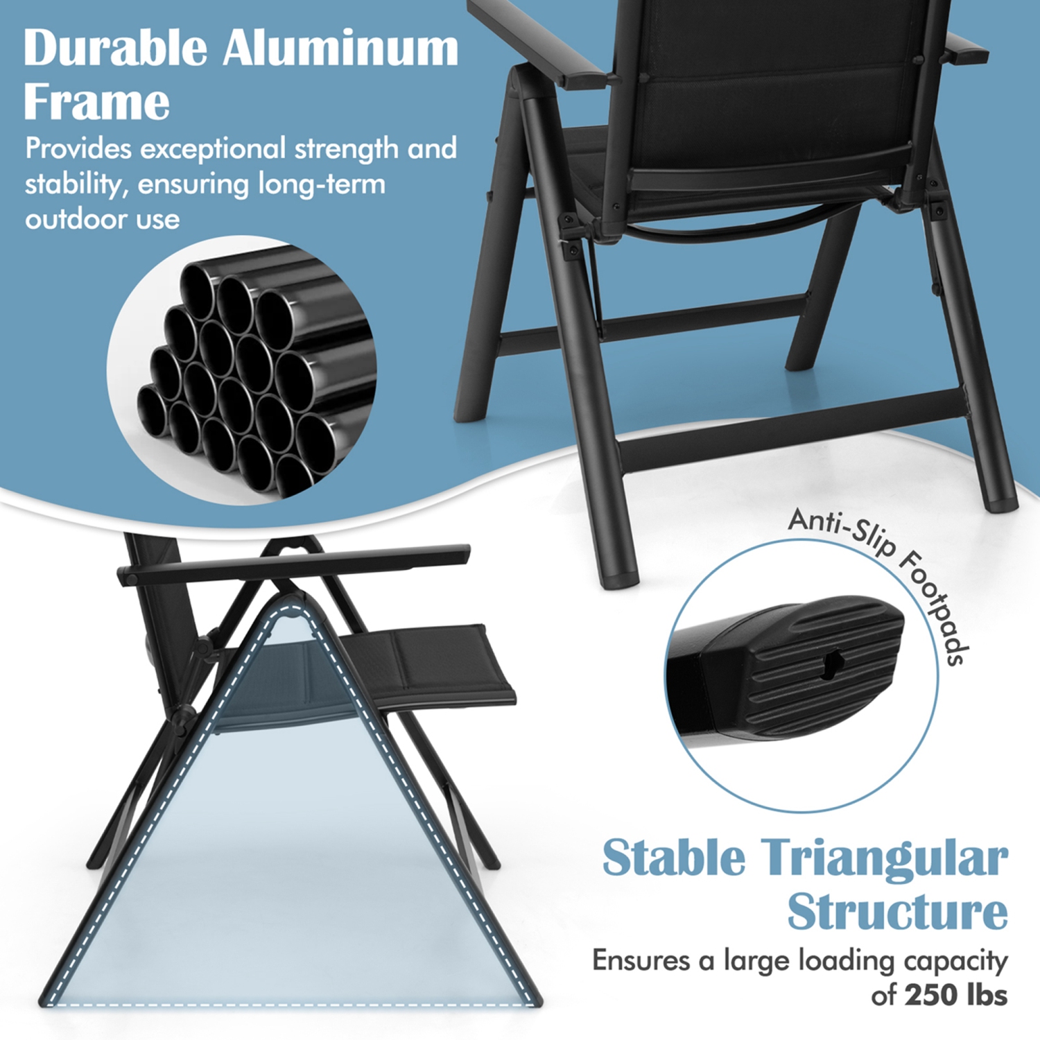 Costway 1 PCS Patio Folding Chair Outdoor Chairs with Padded Seat, Adjustable Backrest Black