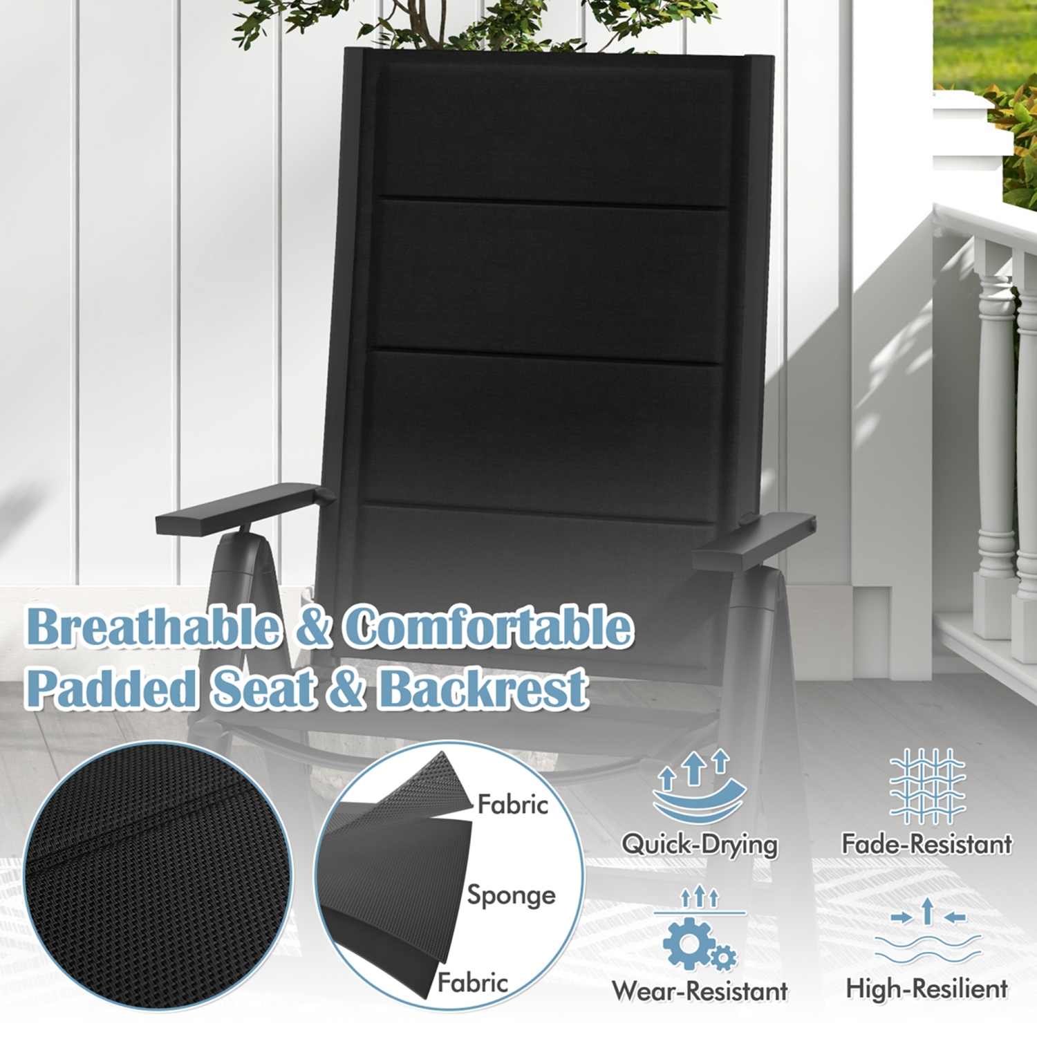 Costway 1 PCS Patio Folding Chair Outdoor Chairs with Padded Seat, Adjustable Backrest Black