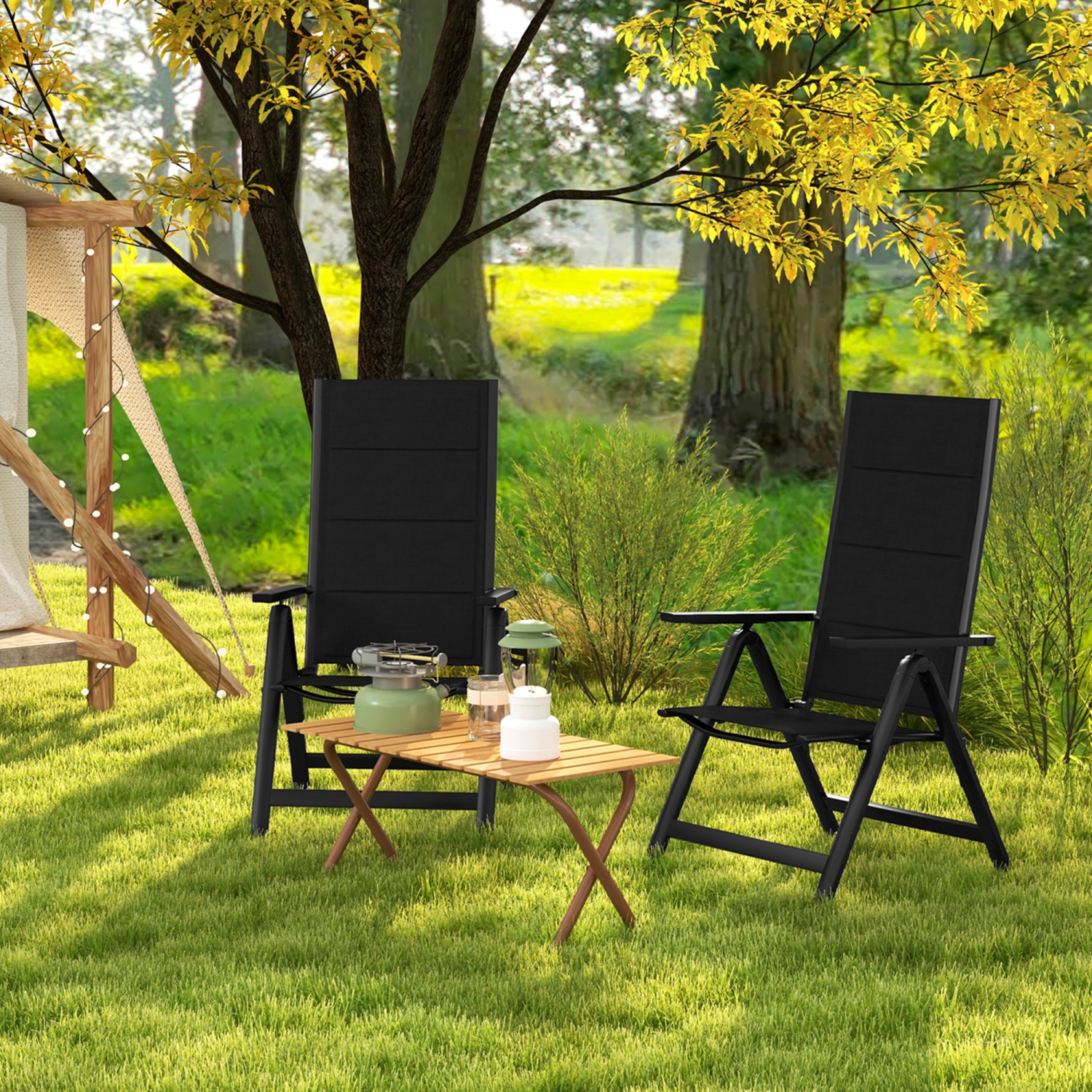 Costway 2 PCS Patio Folding Chair Outdoor Chairs with Padded Seat, Adjustable Backrest Black