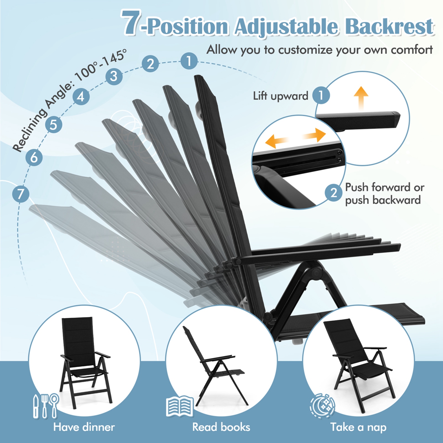 Costway 2 PCS Patio Folding Chair Outdoor Chairs with Padded Seat, Adjustable Backrest Black