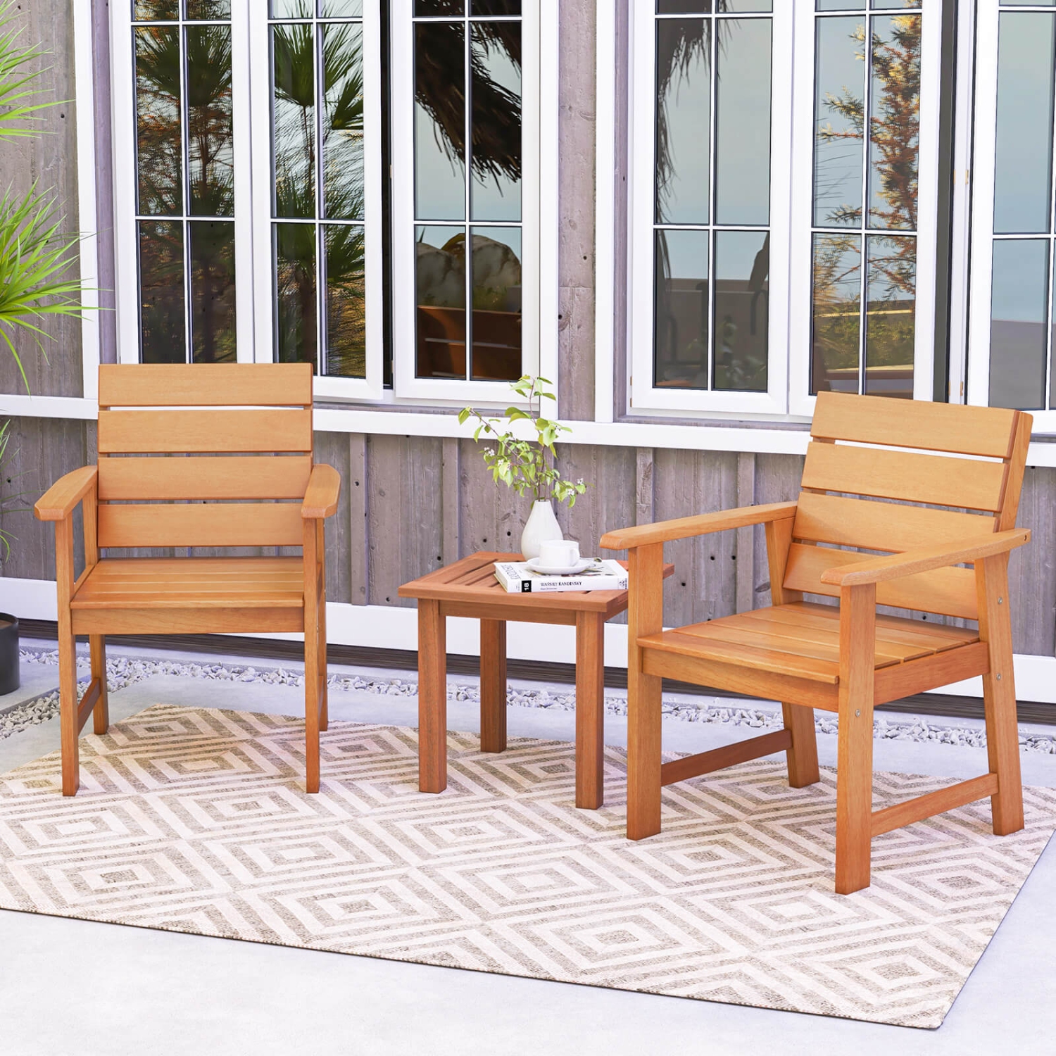 Costway 2 PCS Patio Hardwood Chair Wood Dining Armchairs Breathable Slatted Seat Garden