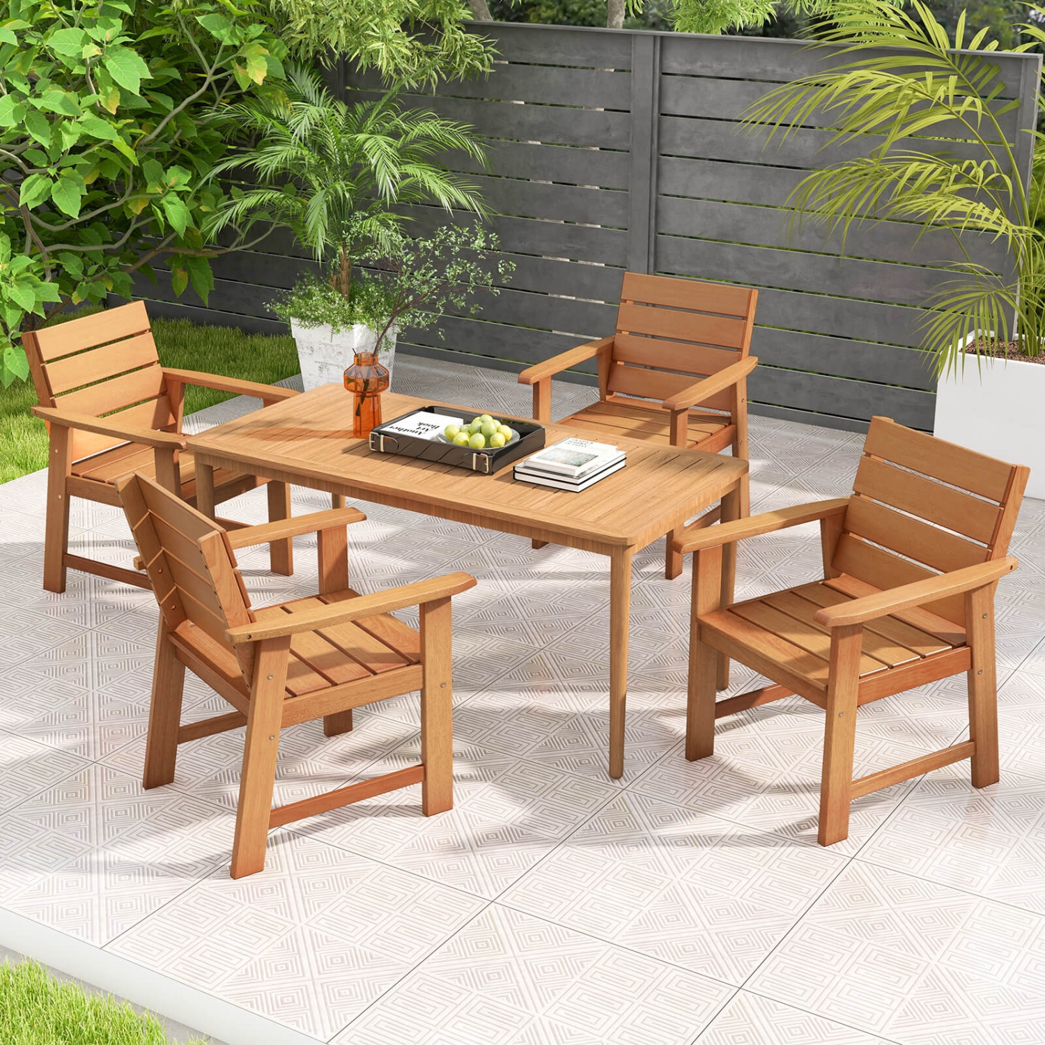 Costway 4 PCS Patio Hardwood Chair Wood Dining Armchairs Breathable Slatted Seat Garden