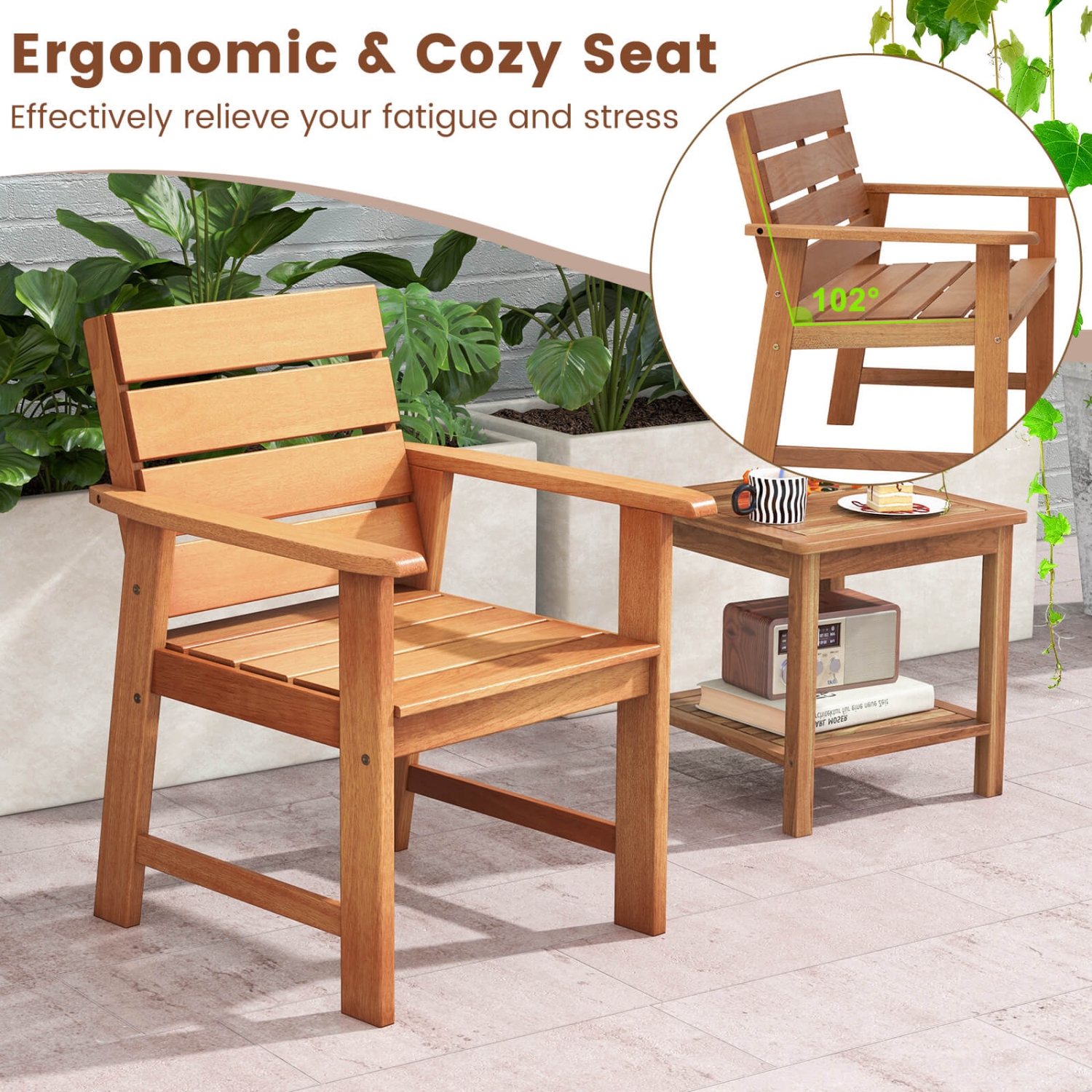 Costway 4 PCS Patio Hardwood Chair Wood Dining Armchairs Breathable Slatted Seat Garden